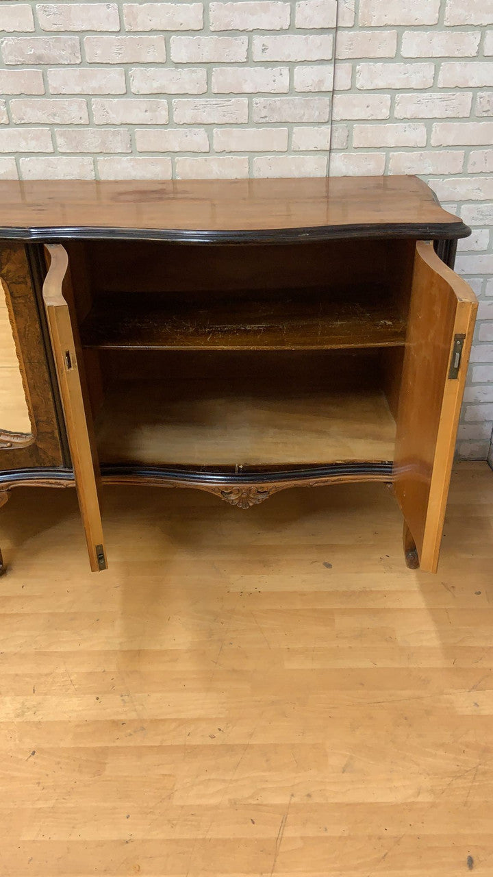Antique Italian Burled Walnut Serpentine Fronted Etched Maiden Center Mirrored Sideboard/Credenza Dry-Bar