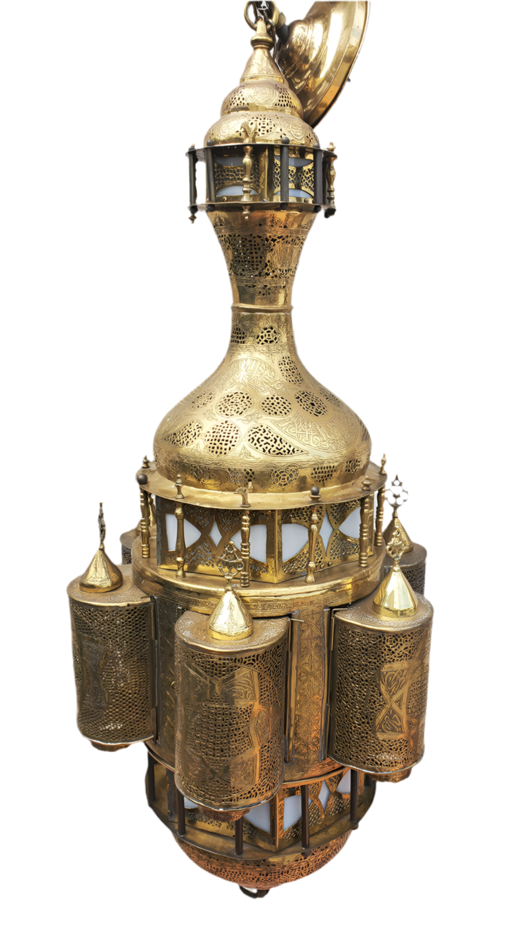 Antique Large Moorish Style Pierced Brass Chandelier