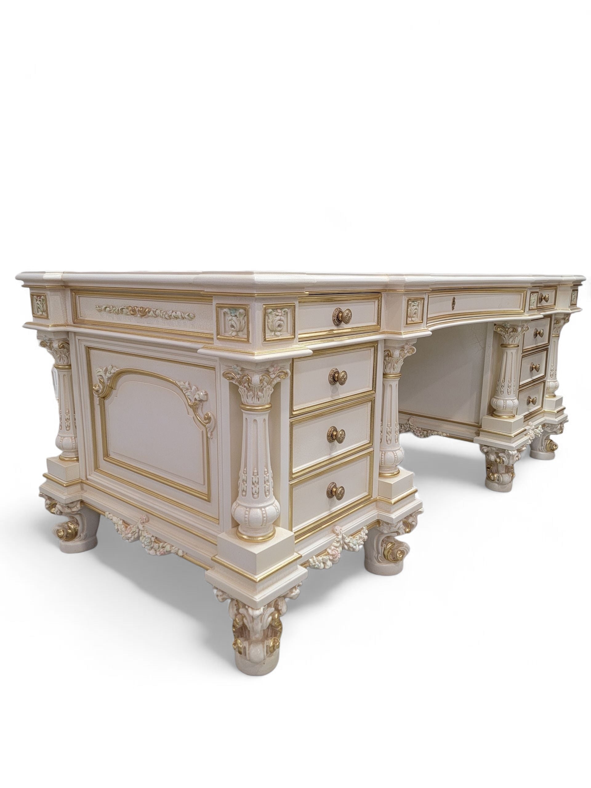 Vintage Custom Venetian Antique Rococo Style Antique White Carved Executive Desk