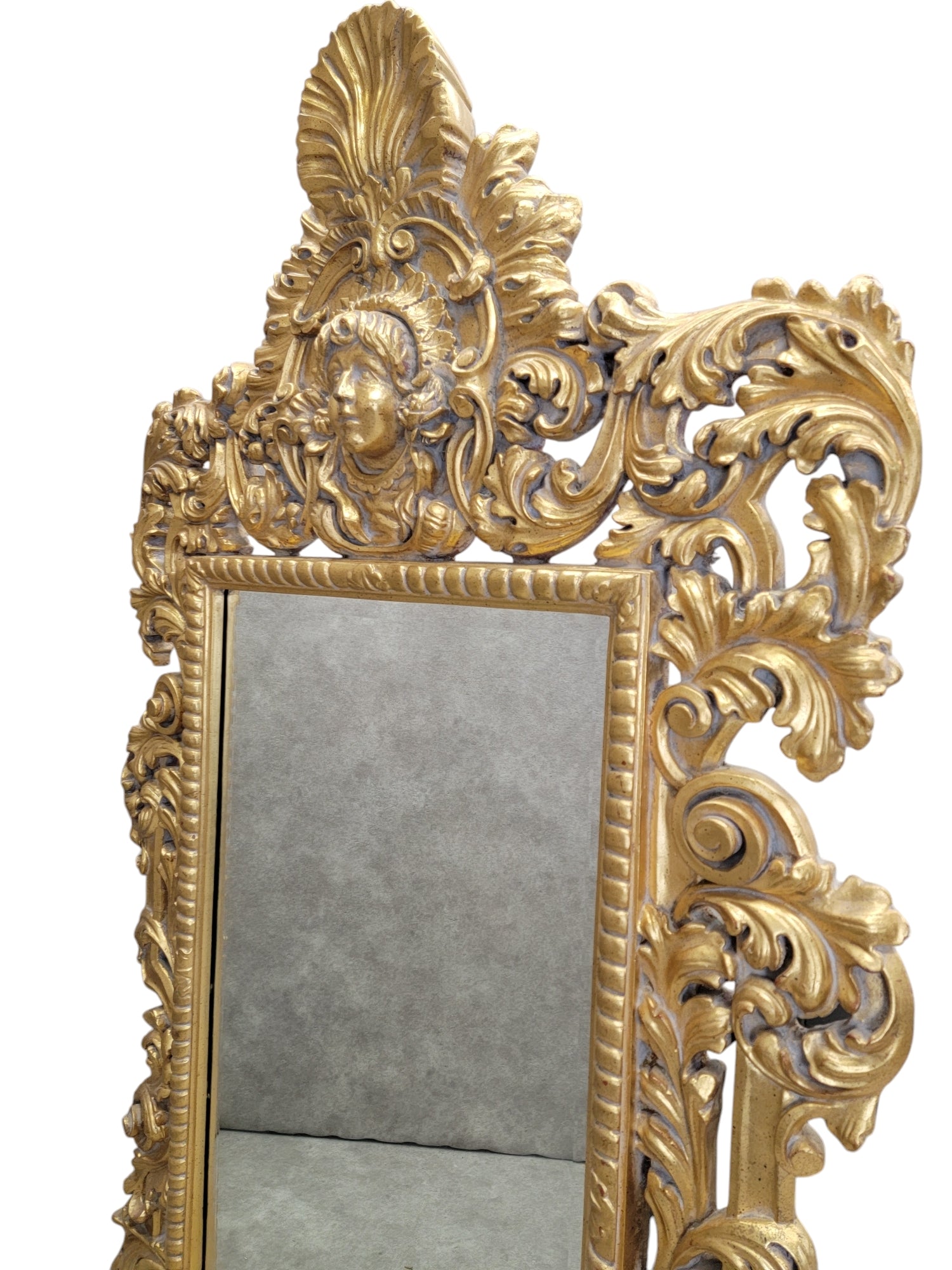 Vintage Hollywood Regency Italian Versace Style Carved Ornate Gold Gilded Figural Beveled Wall Mirror