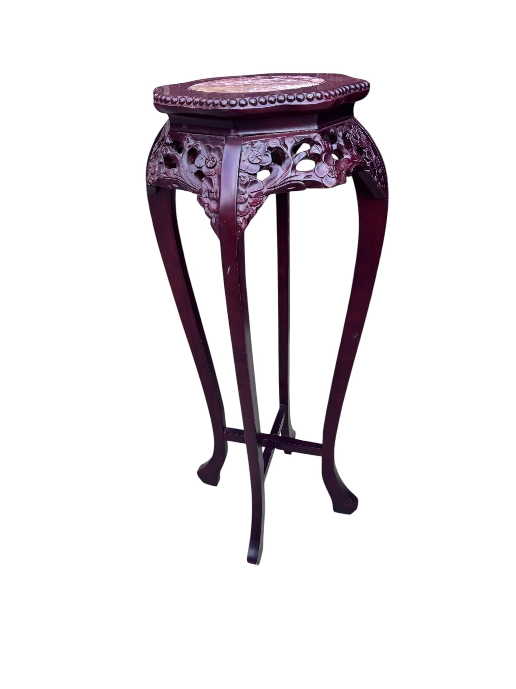 Antique Chinese Carved Marble Top Rosewood Pedestal Stand Table