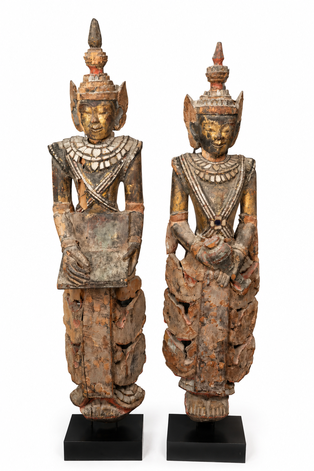 Antique Burmese Carved Inlaid Glass Monastic Sculptures - Set of 2