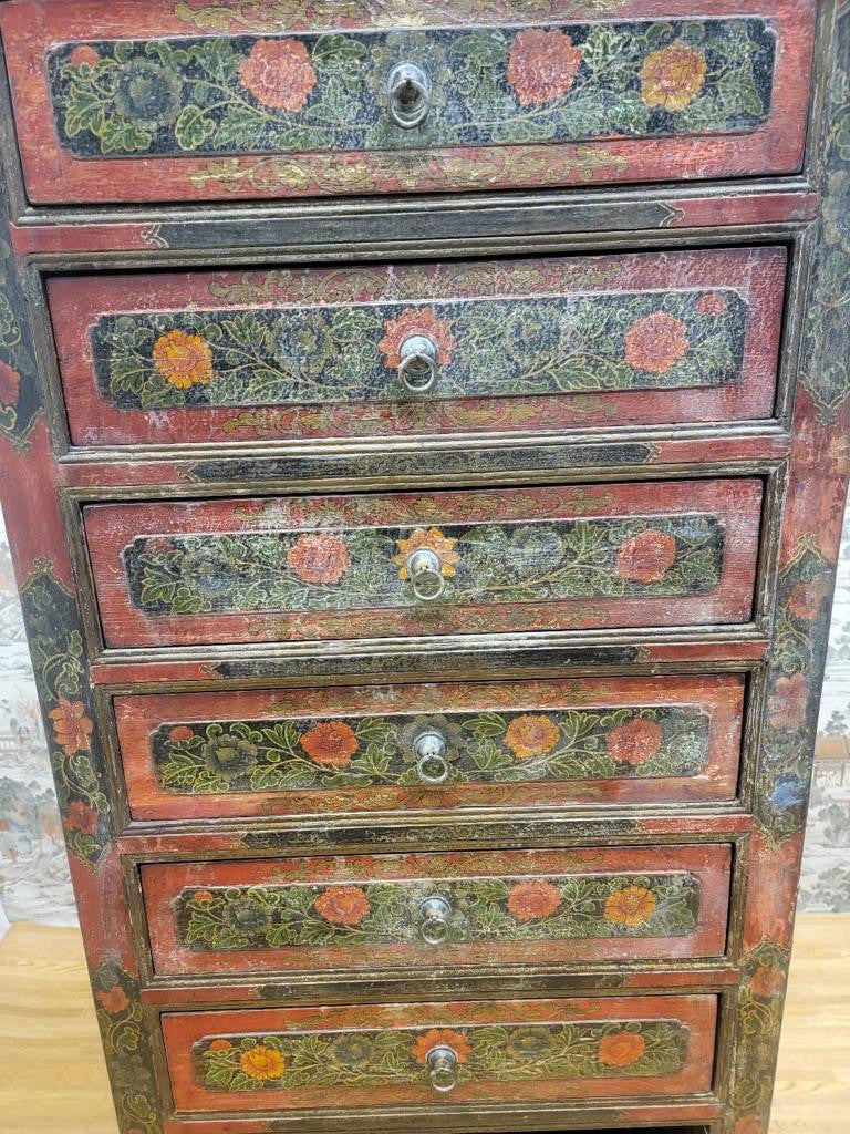 Antique Hand Painted Tibetan Cabinet with Drawers and Display Shelf