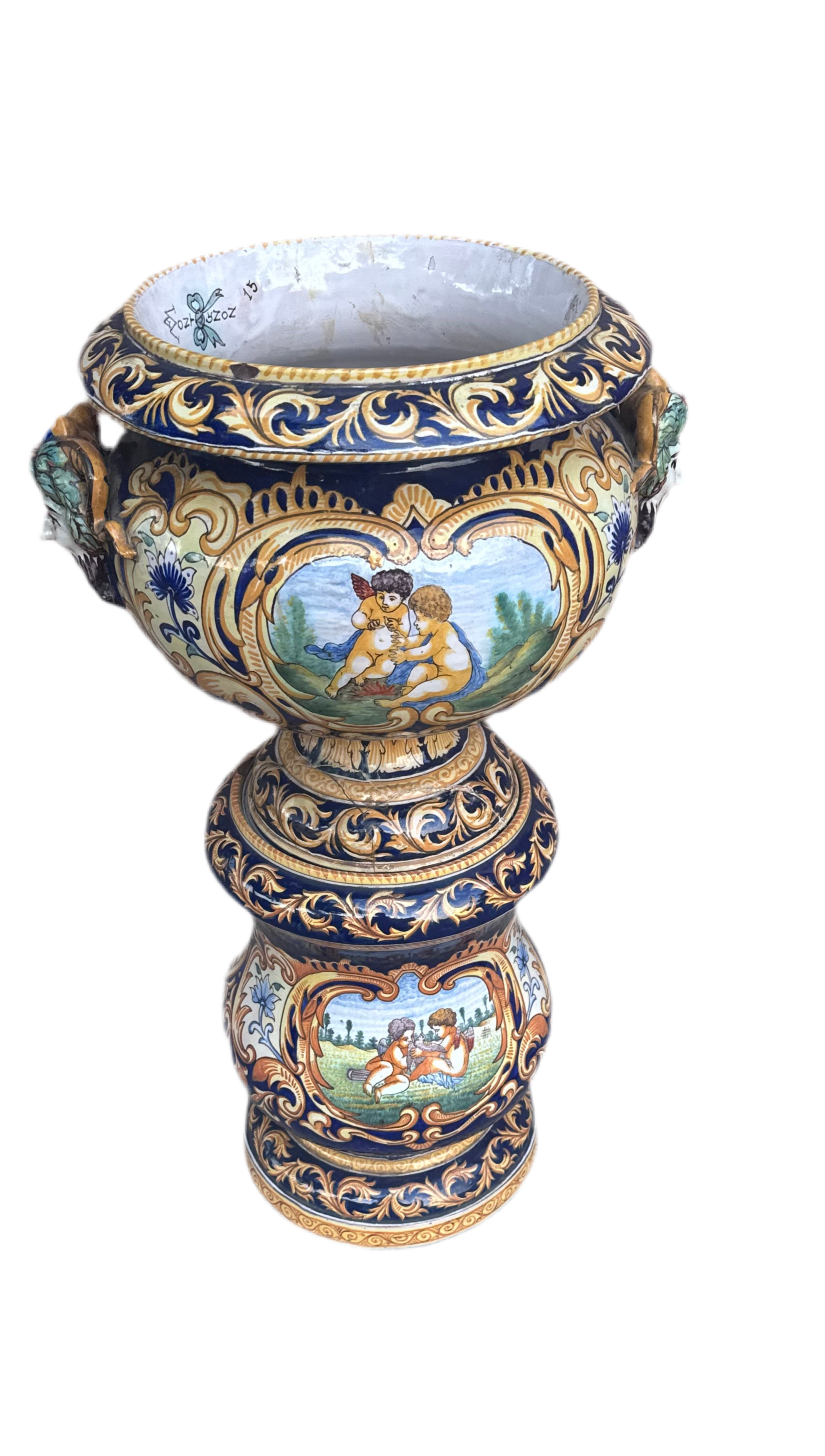New - Antique French 19th Century Majolica Jardiniere on Stand