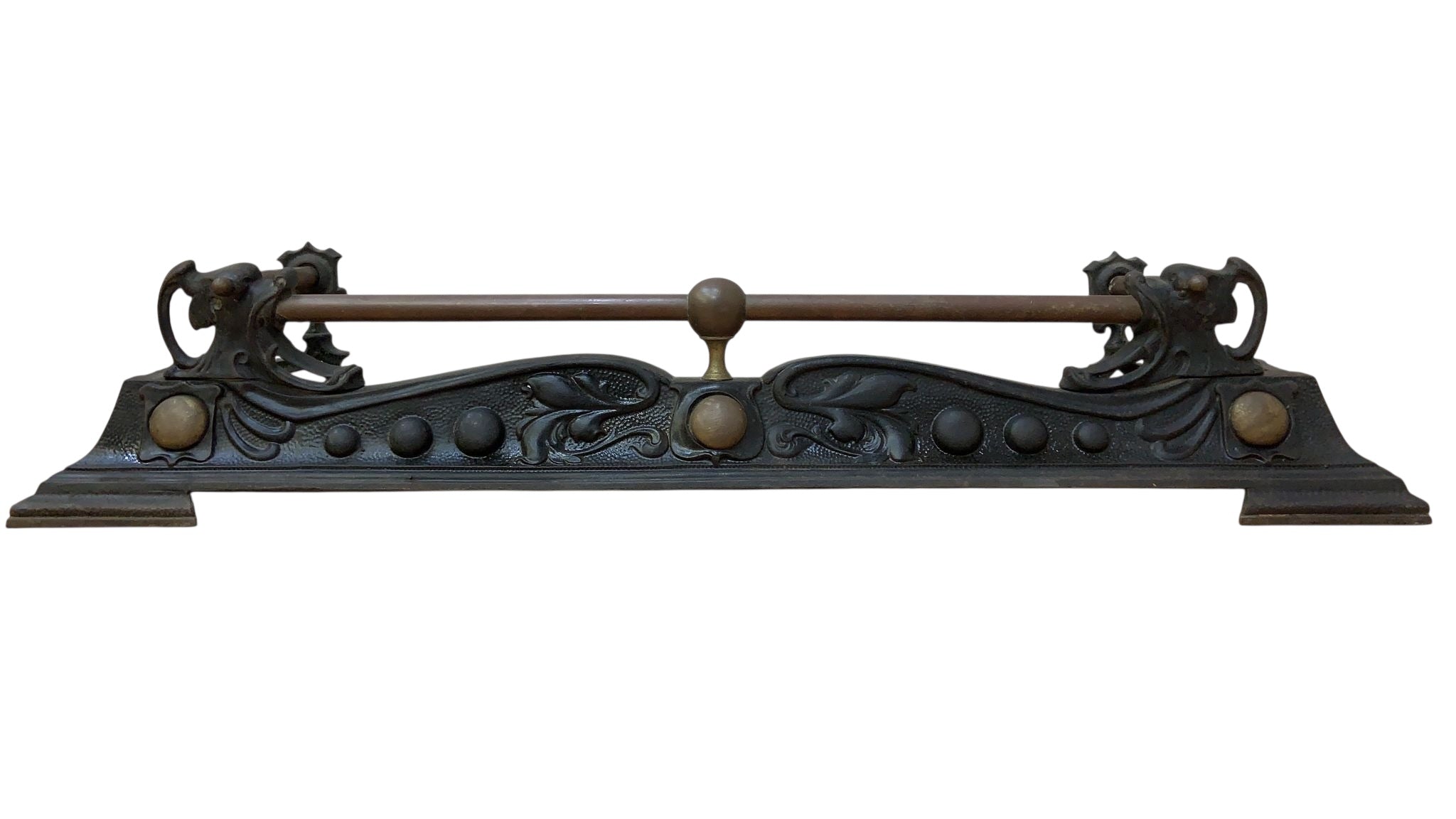 Victorian Art Nouveau Style Cast Iron and Brass Fire Fender