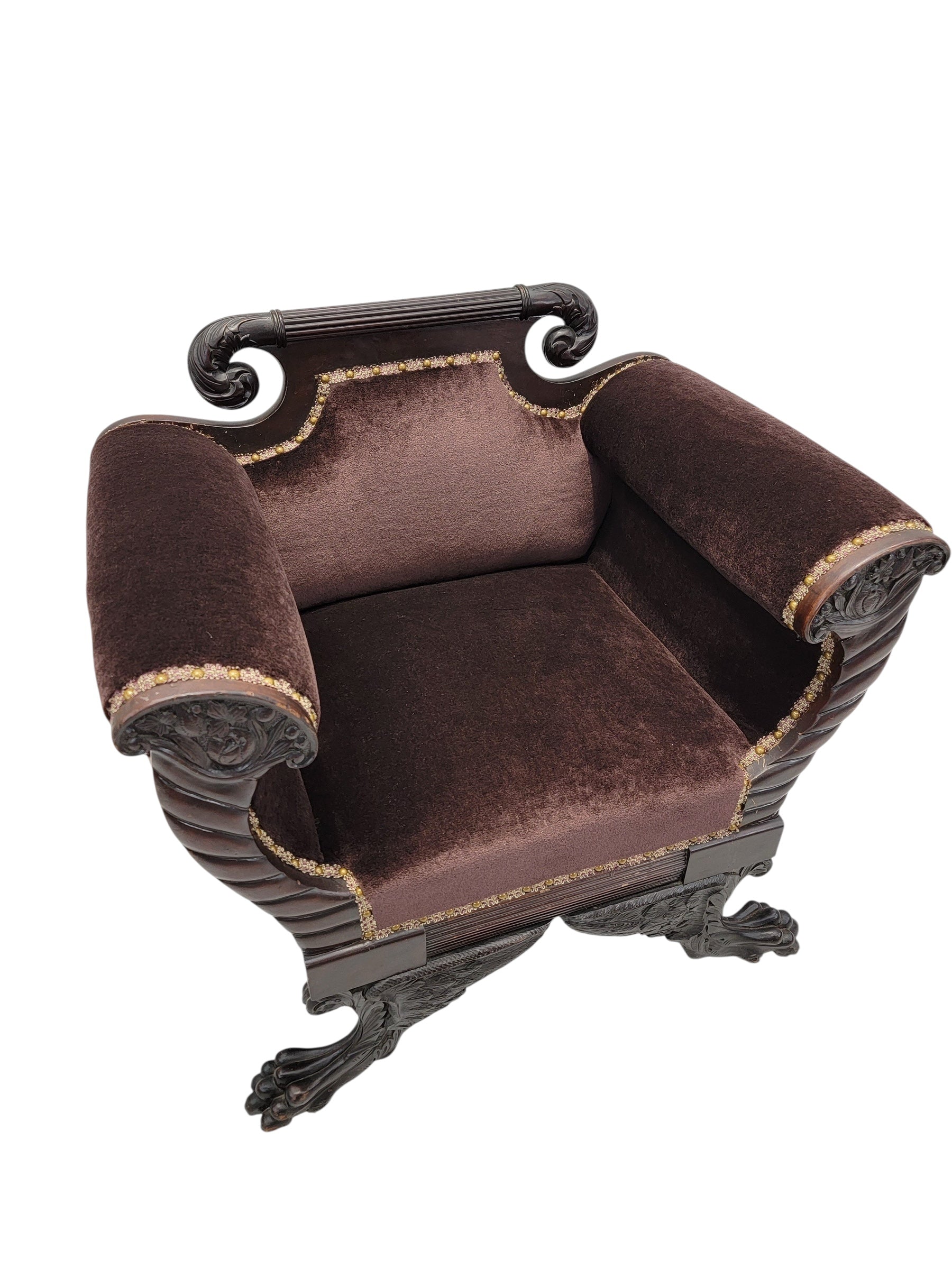 American Empire Mahogany Armchair Newly Reupholstered in Mohair