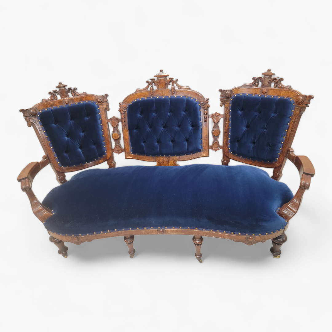 Antique Victorian Eastlake Style Carved Tufted Parlor Settee Newly Reupholstered in Blue Velvet