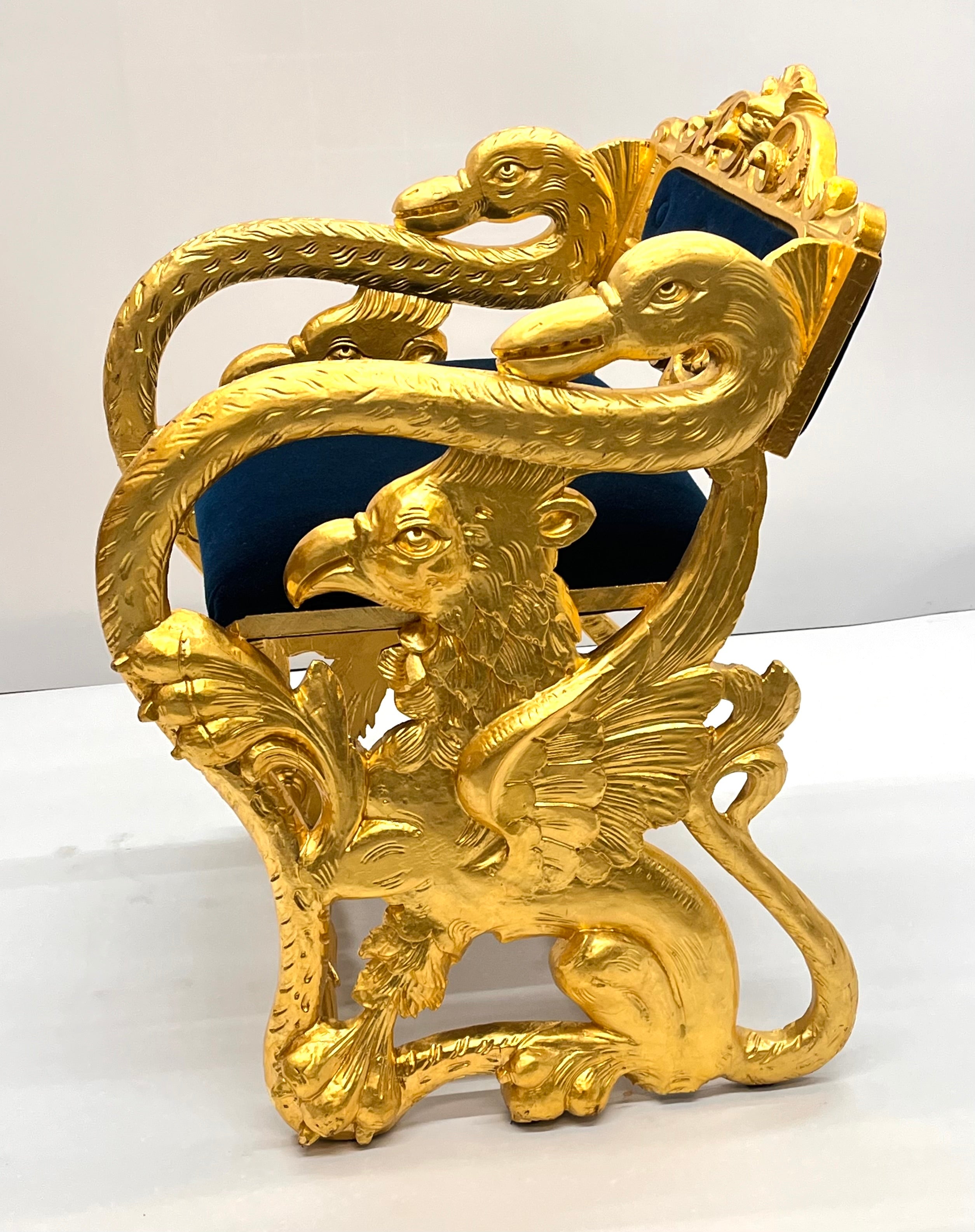 Antique Federal Style Carved Gold Gilt Swan and Eagle Carousel Bench Newly Reupholstered in Blue Mohair Seat