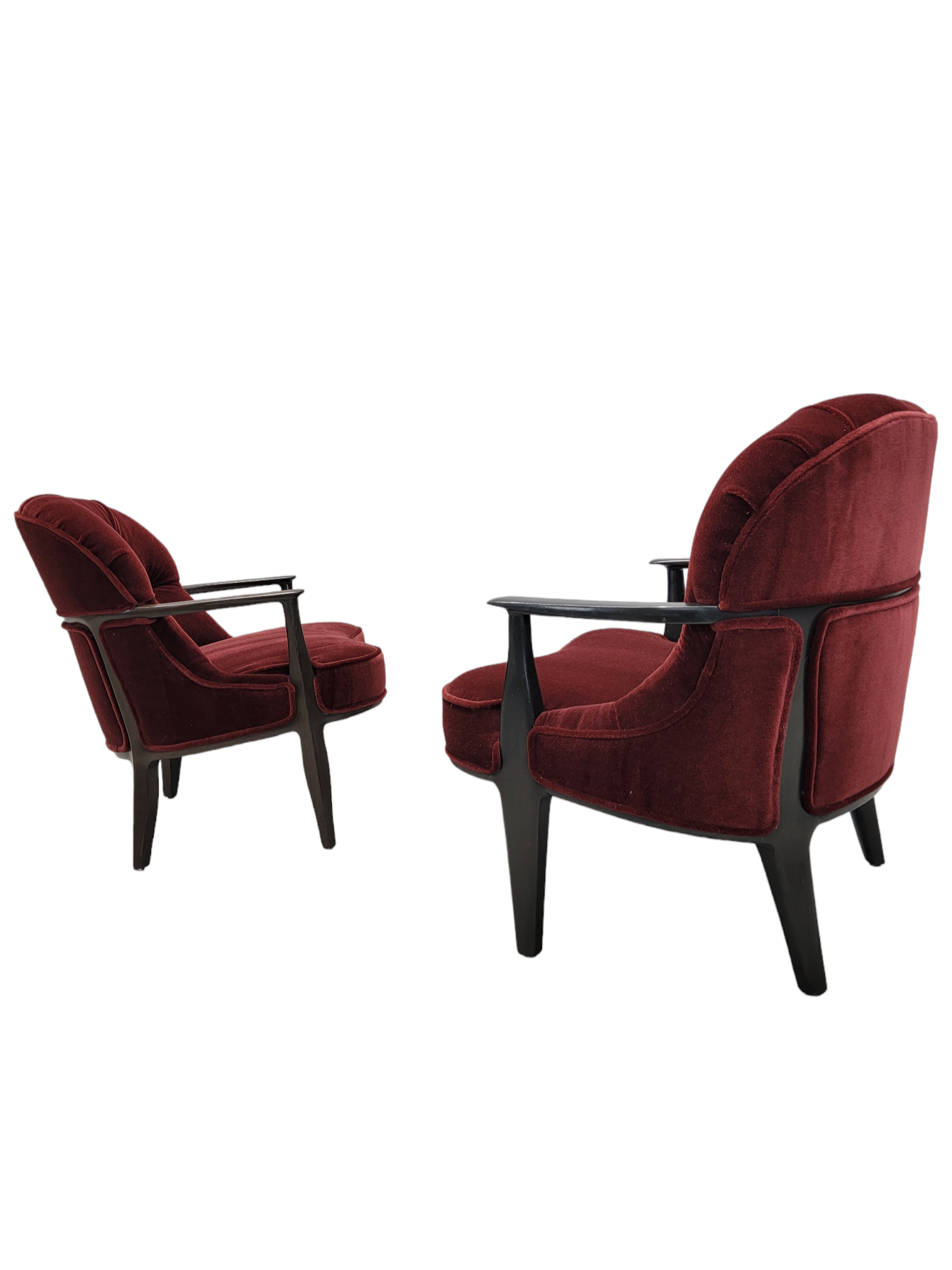 Mid Century Modern Edward Wormley Janus Style Tufted Lounge Chairs Newly Upholstered in Maroon Mohair - Pair