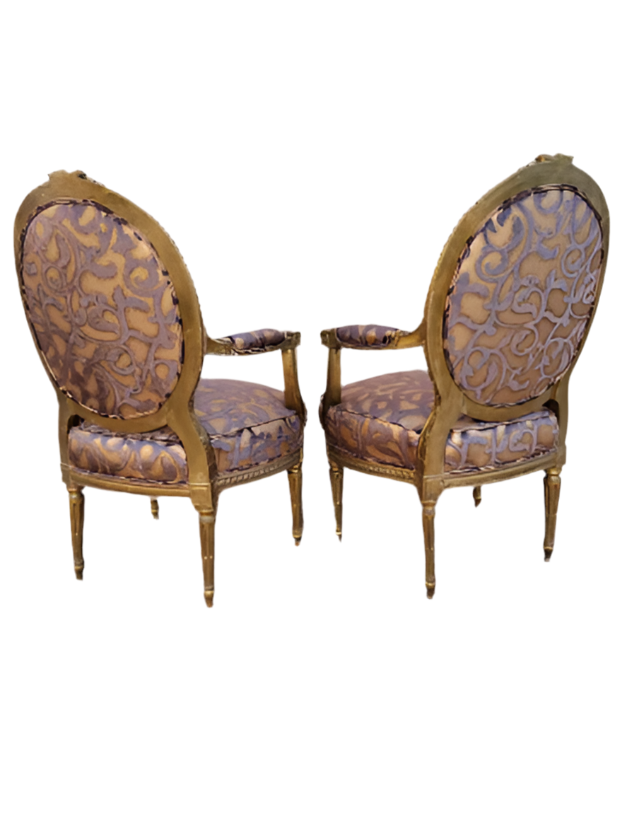 Antique French Louis XV Style Ornate Carved Giltwood Fauteuil Armchairs Newly Upholstered - Pair