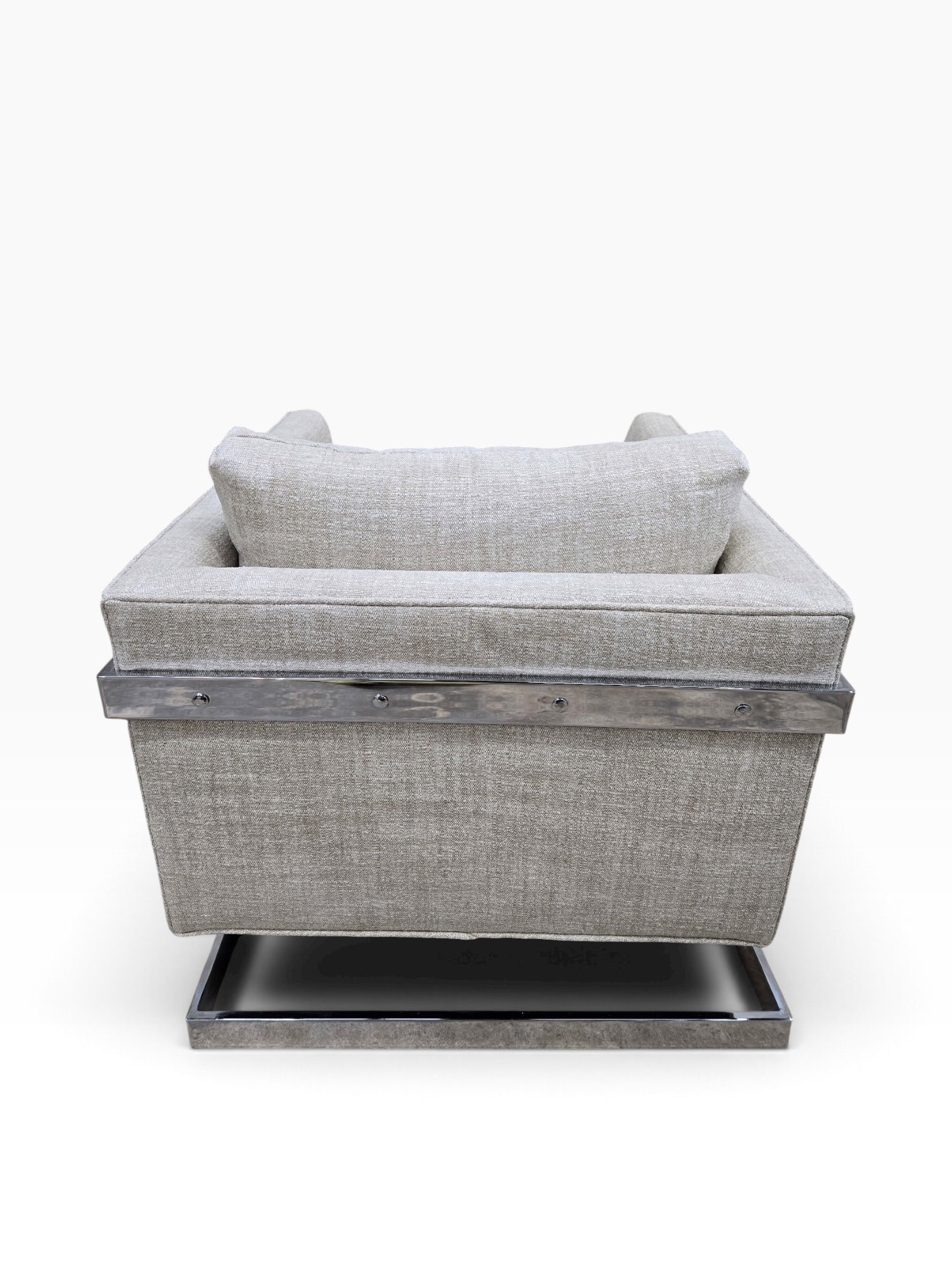 Mid Century Modern Milo Baughman Chrome Flat Bar Cantilever Club Chairs Newly Reupholstered in Natural Linen – Pair