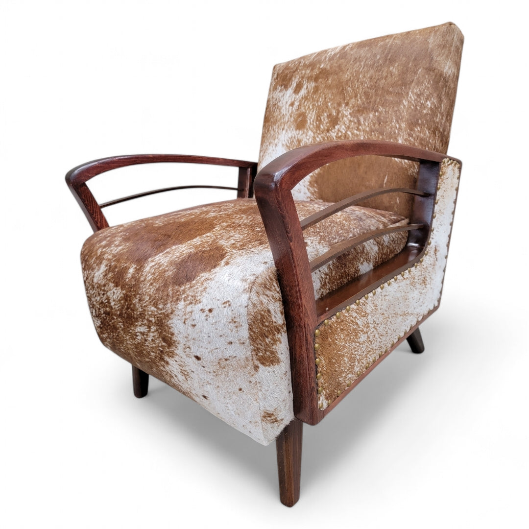 Vintage French Art Deco Arched Wood Bridge Arm Lounge Chairs Newly Upholstered in Cowhide - Pair