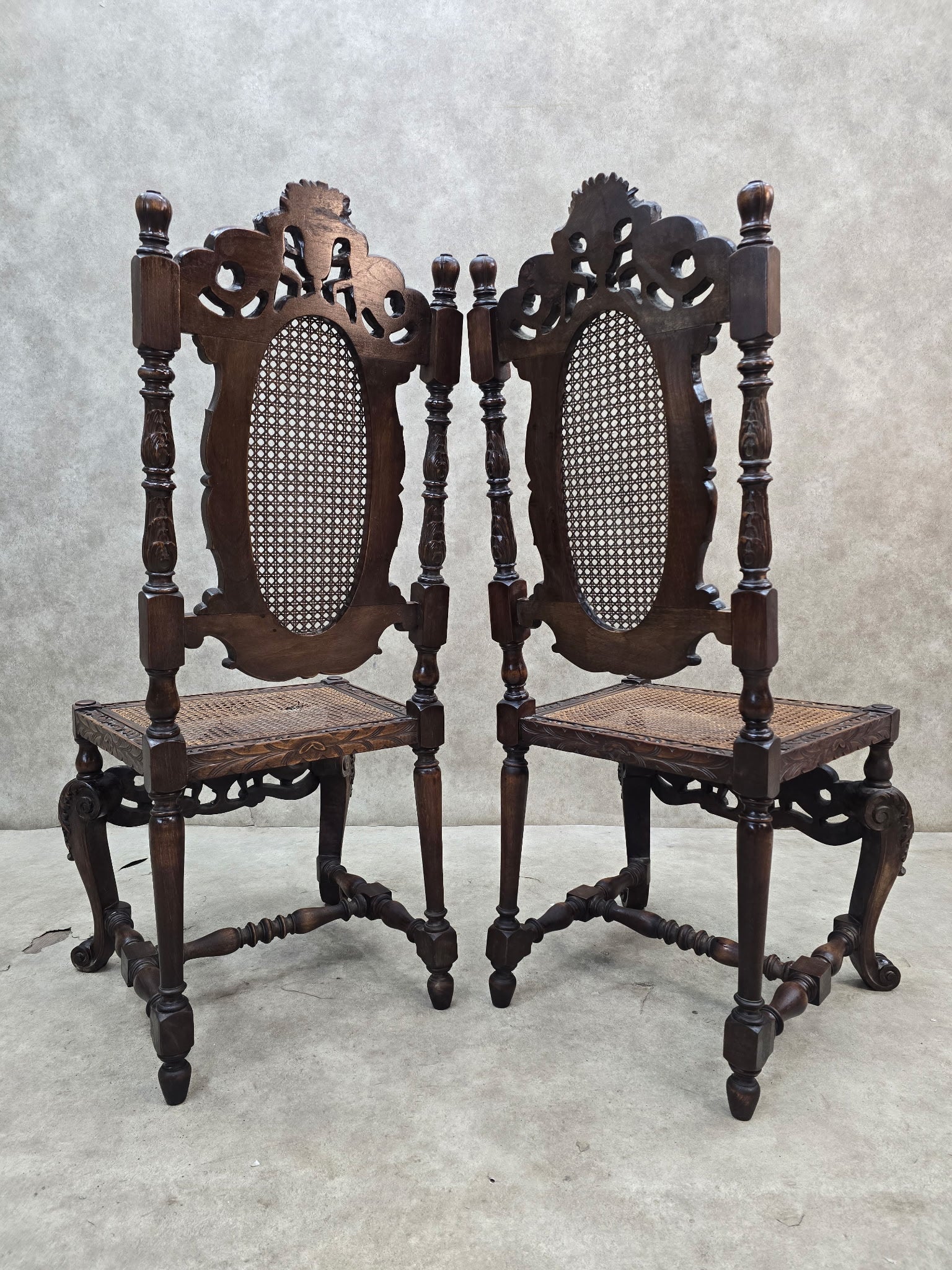 Antique Renaissance Revival Cane Throne Chairs - Pair