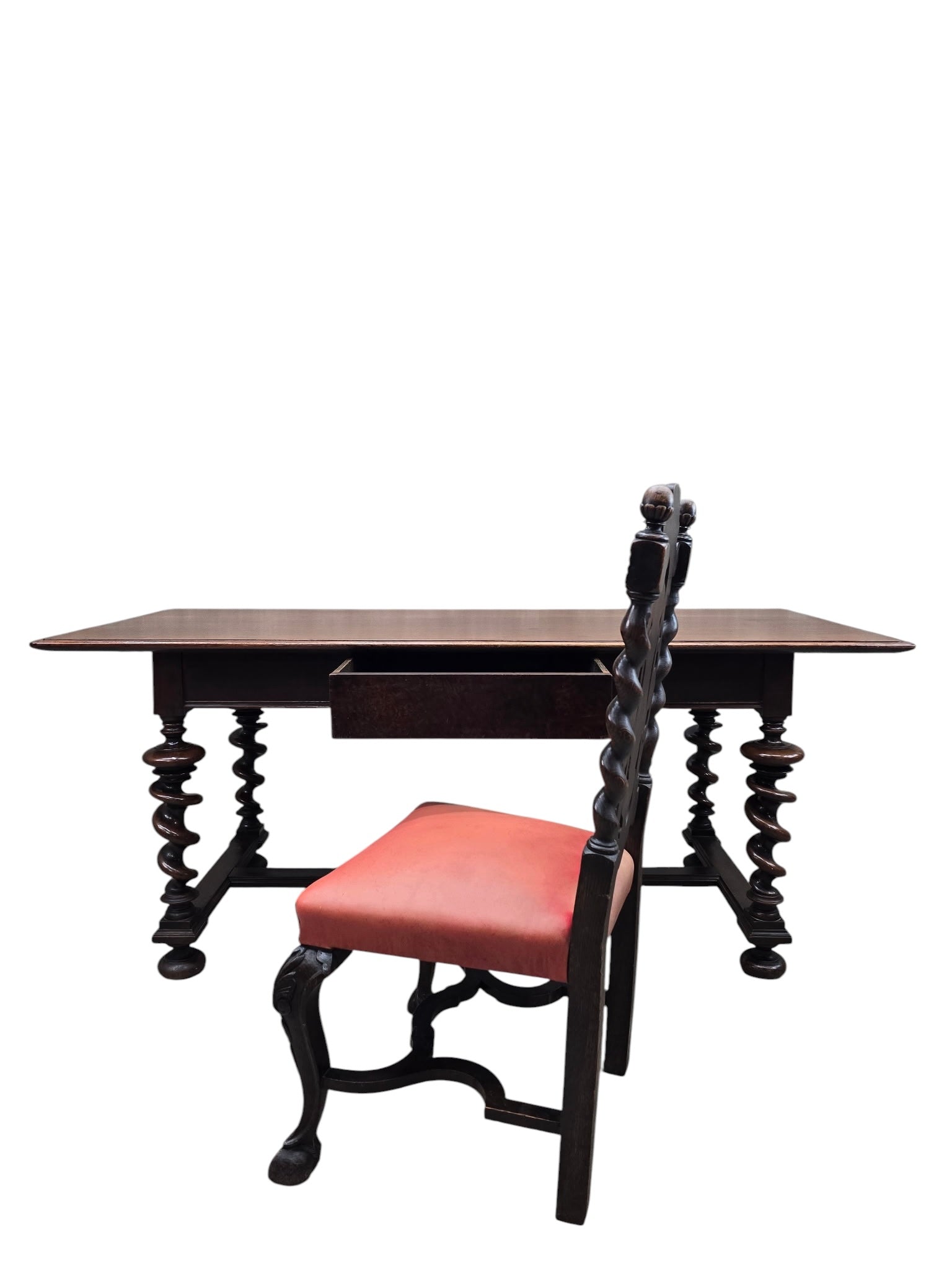 Antique Jacobean Revival Style Barley Twist Desk with High Back Chair