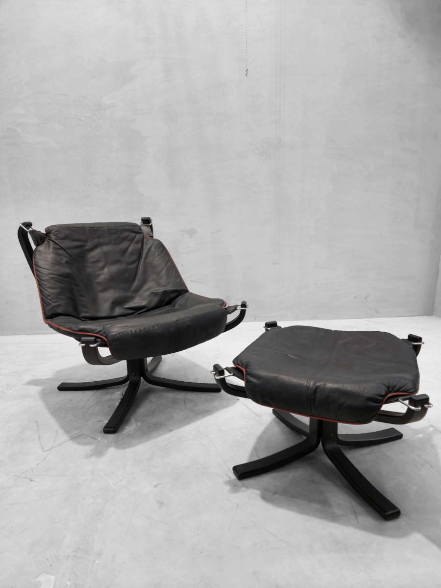 Vintage Danish Modern Falcon Leather Lounge Chair & Ottoman by Sigurd Ressell - 2 Piece Set