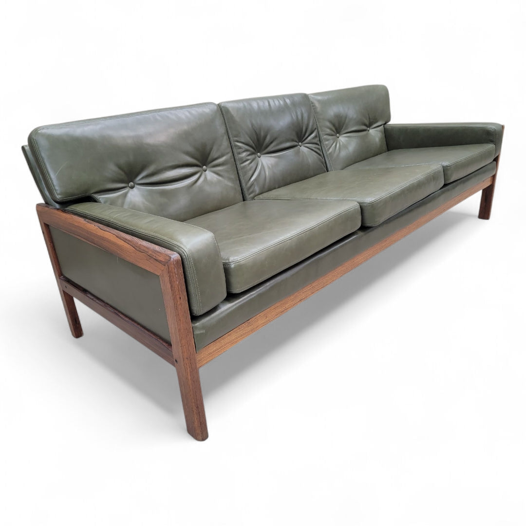 New - Mid Century Danish Modern Vatne Mobler Teak Frame Sofa & Club Chairs Newly Upholstered in Italian Hunter Green Leather
