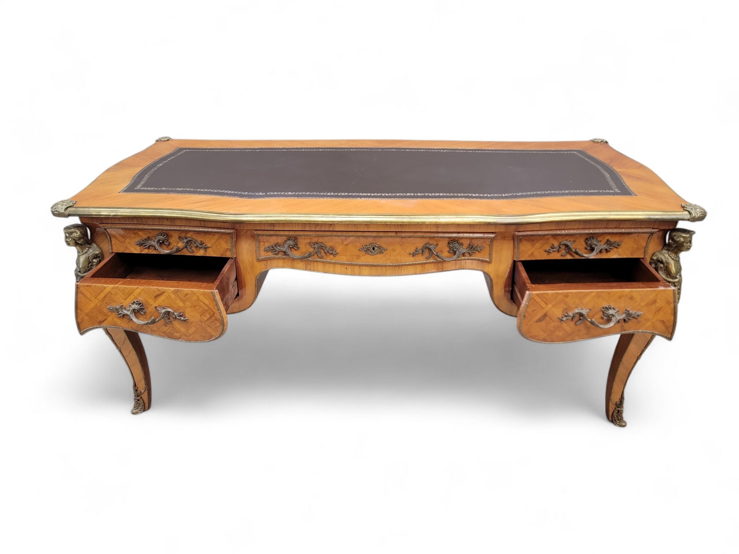 Antique French Satinwood Parquetry Louis XVI Writing Desk, Tooled Leather Top & Ormolu