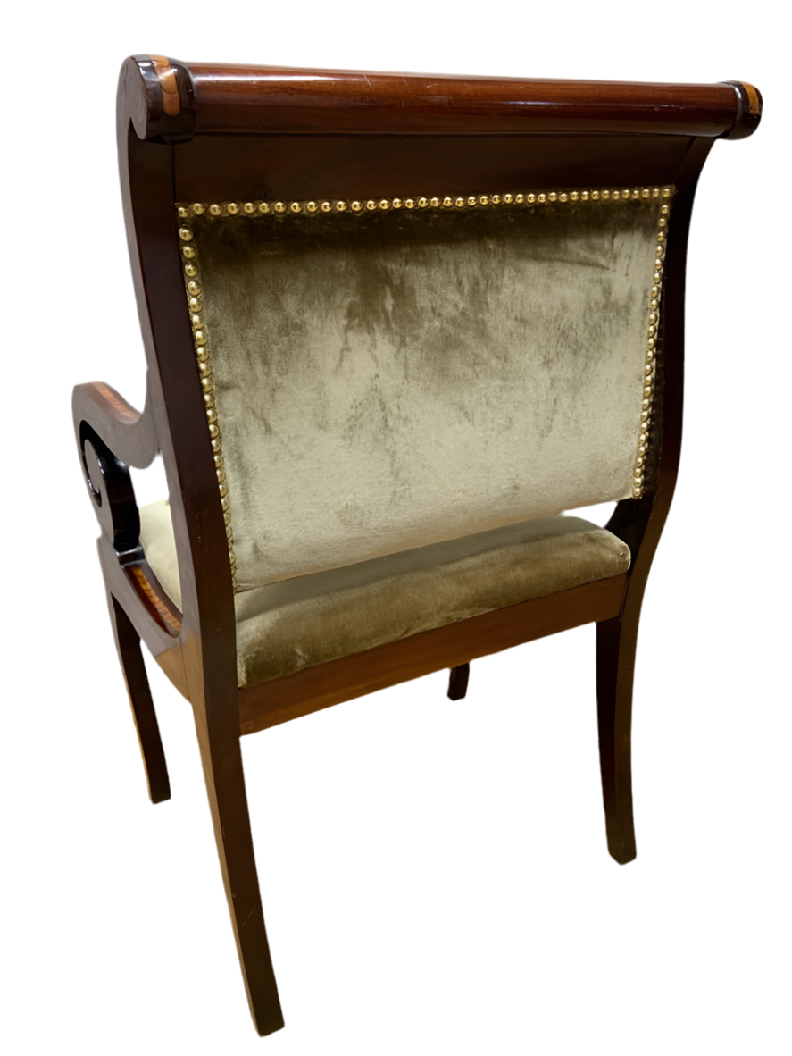 Antique Neoclassical Inlaid Scroll Arm Armchair Desk Chair Newly Reupholstered in Gold Velvet