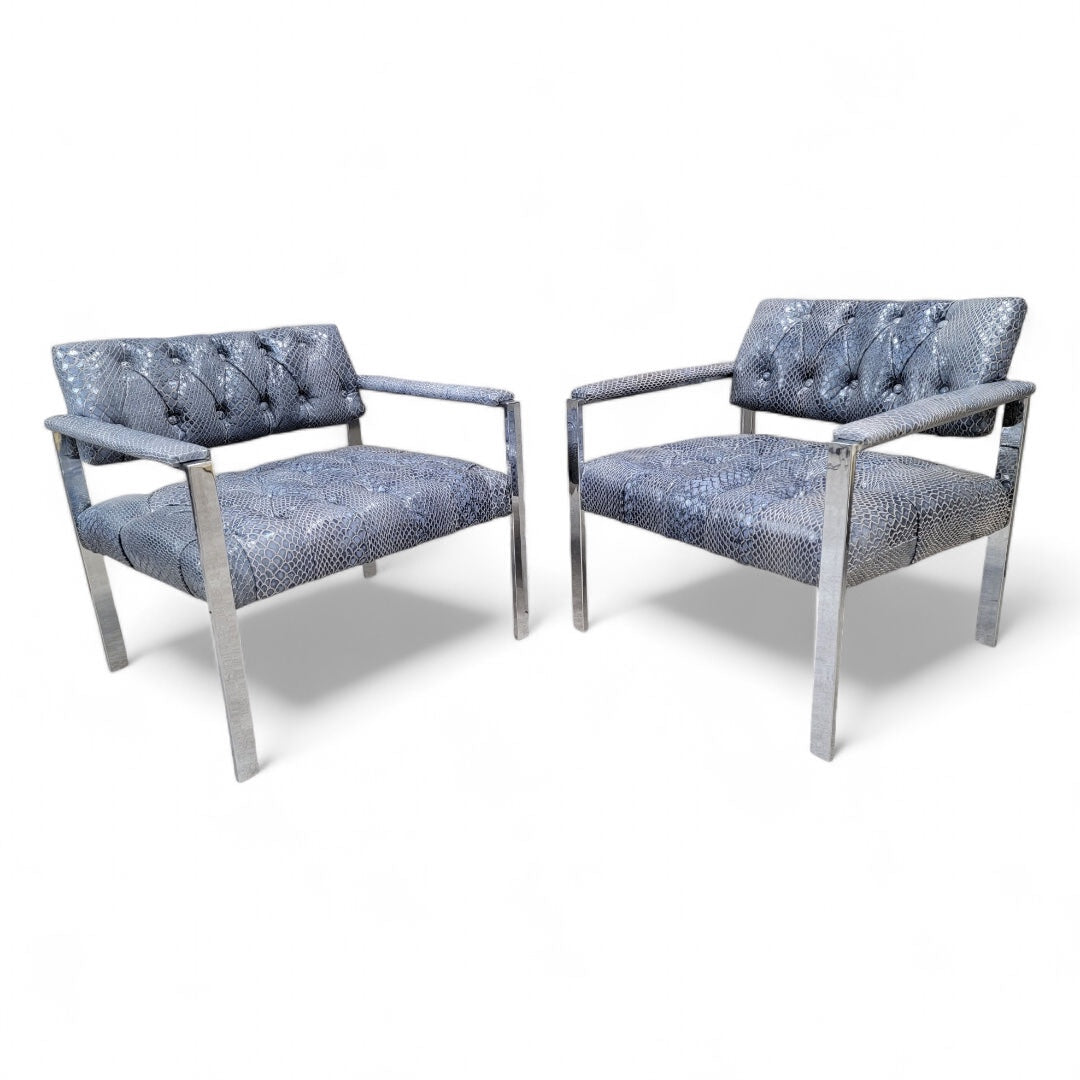 Mid Century Modern Milo Baughman Style Chrome Button Tufted Lounge Chairs Newly Upholstered in Leather - Pair