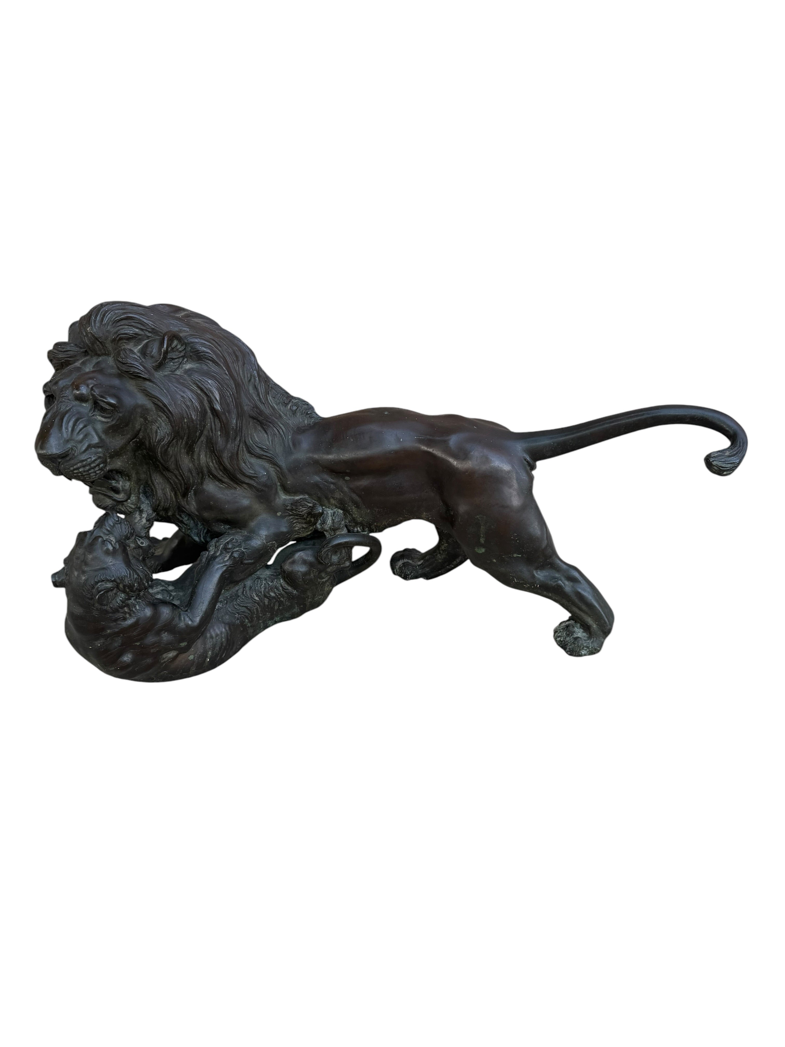 Antique Patinated Bronze Lion and Tiger Animalier Sculpture