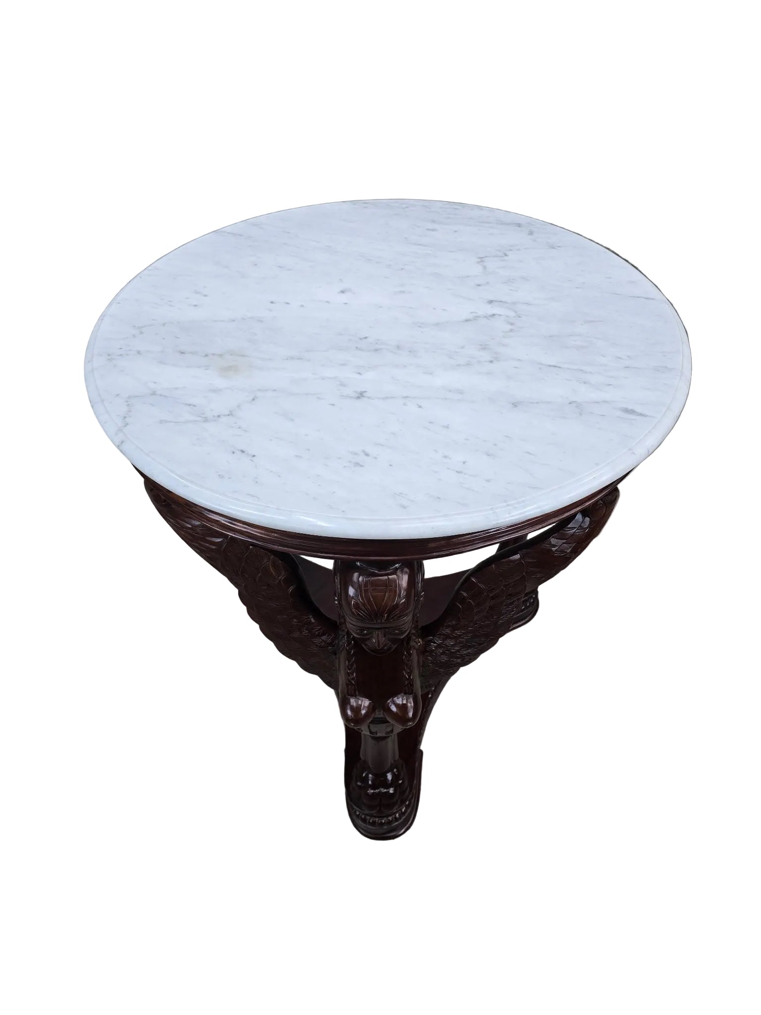 Vintage Indonesian Neoclassical Style Winged Caryatid Marble Top Center Table