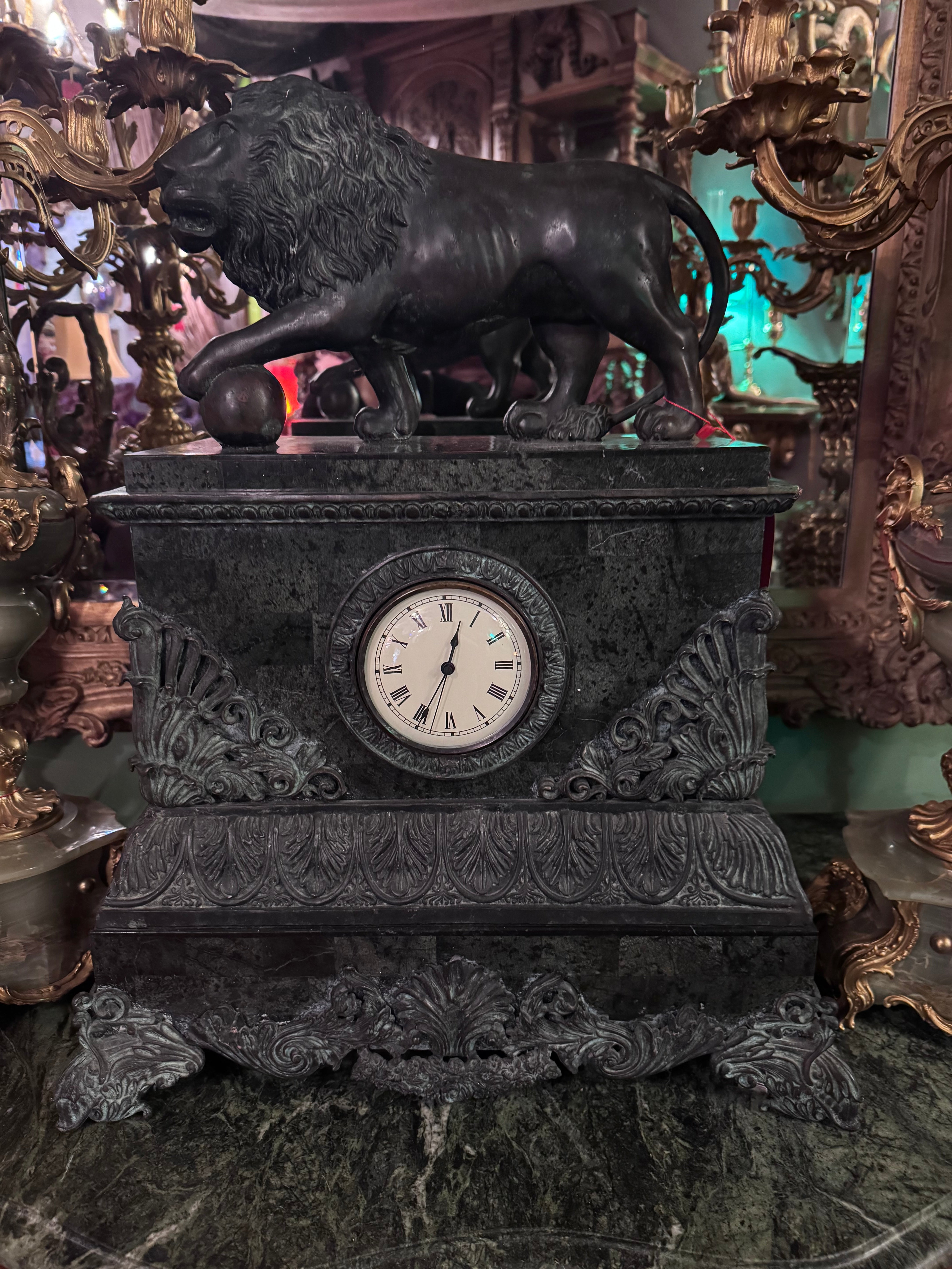 Antique French Marble Bronze Lion Mounted Mantel Clock