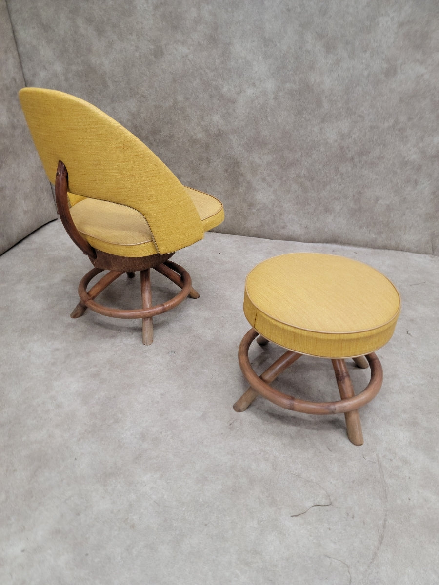 Mid Century Modern Saarinen Style Rattan Swivel Base Chair and Ottoman - 2 Piece Set