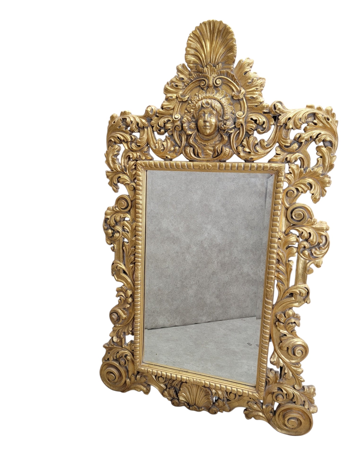 Vintage Hollywood Regency Italian Versace Style Carved Ornate Gold Gilded Figural Beveled Wall Mirror