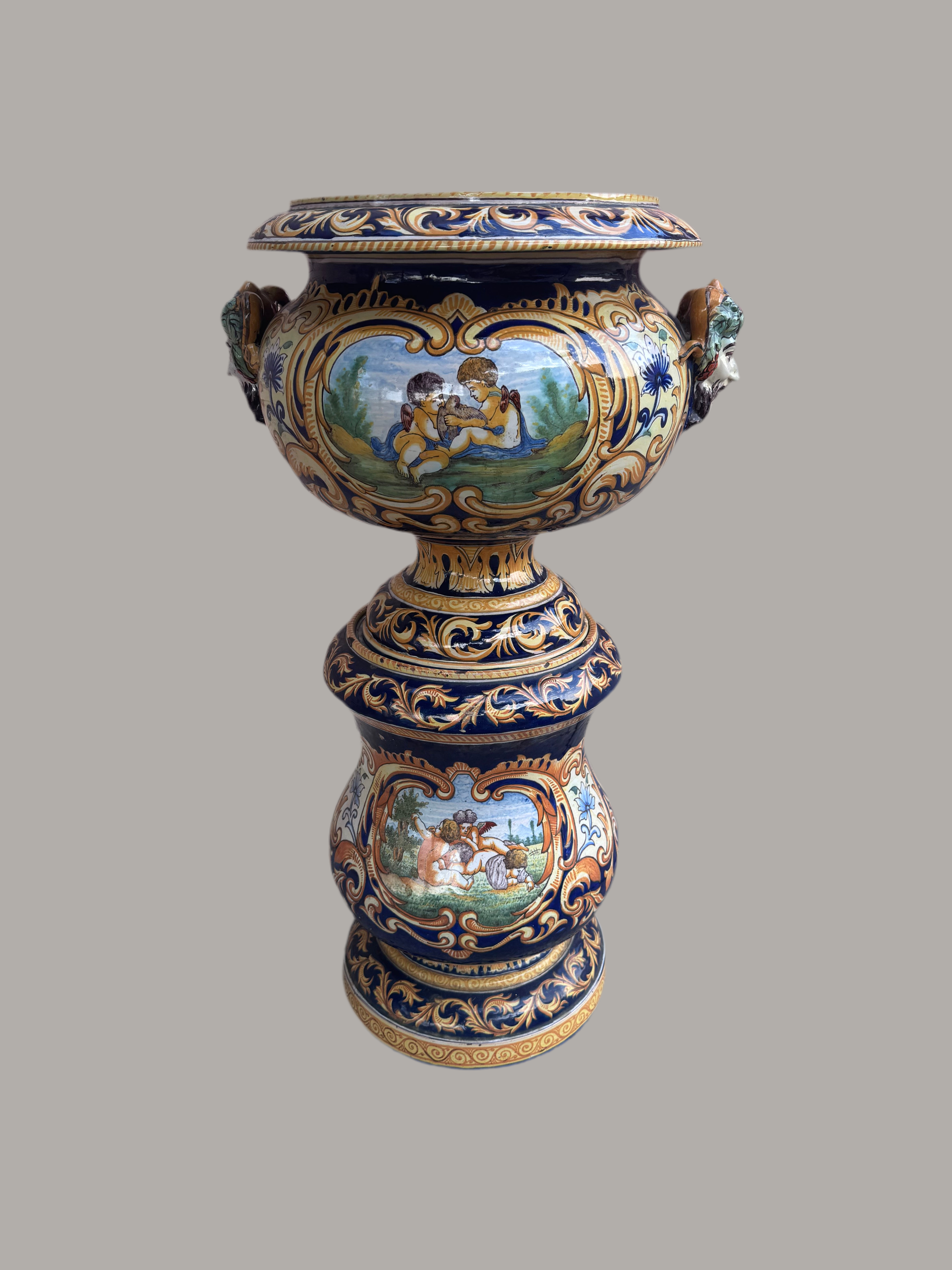 New - Antique French 19th Century Majolica Jardiniere on Stand