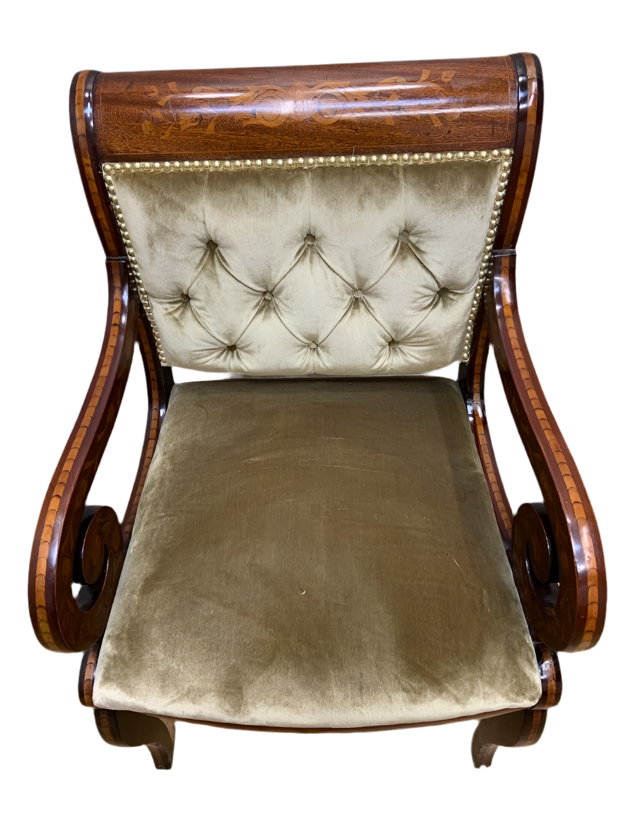 Antique Neoclassical Inlaid Scroll Arm Armchair Desk Chair Newly Reupholstered in Gold Velvet