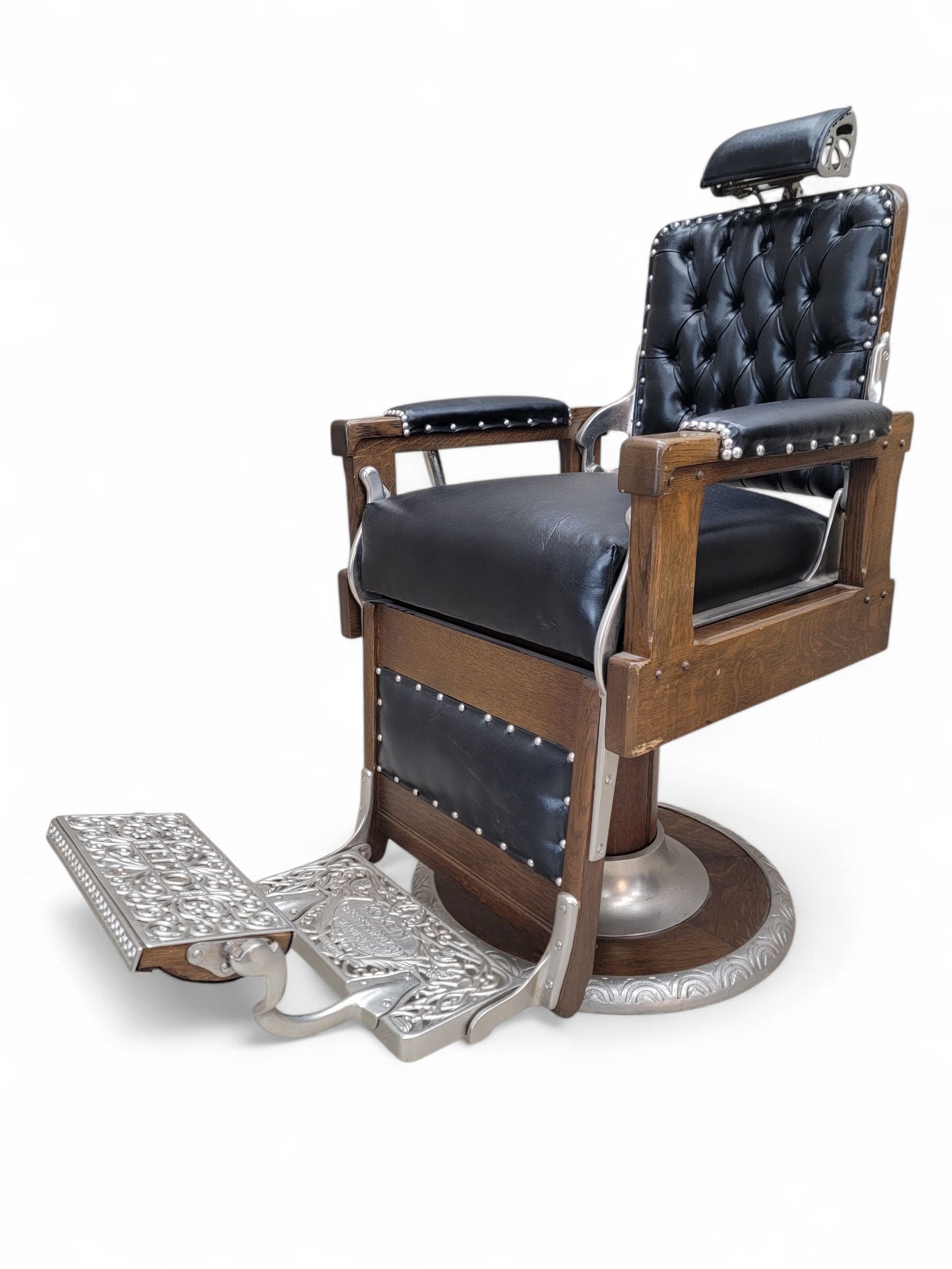 Antique Koken Restored Quartersawn Oak Barber Chairs in Black Leather – Set of 3