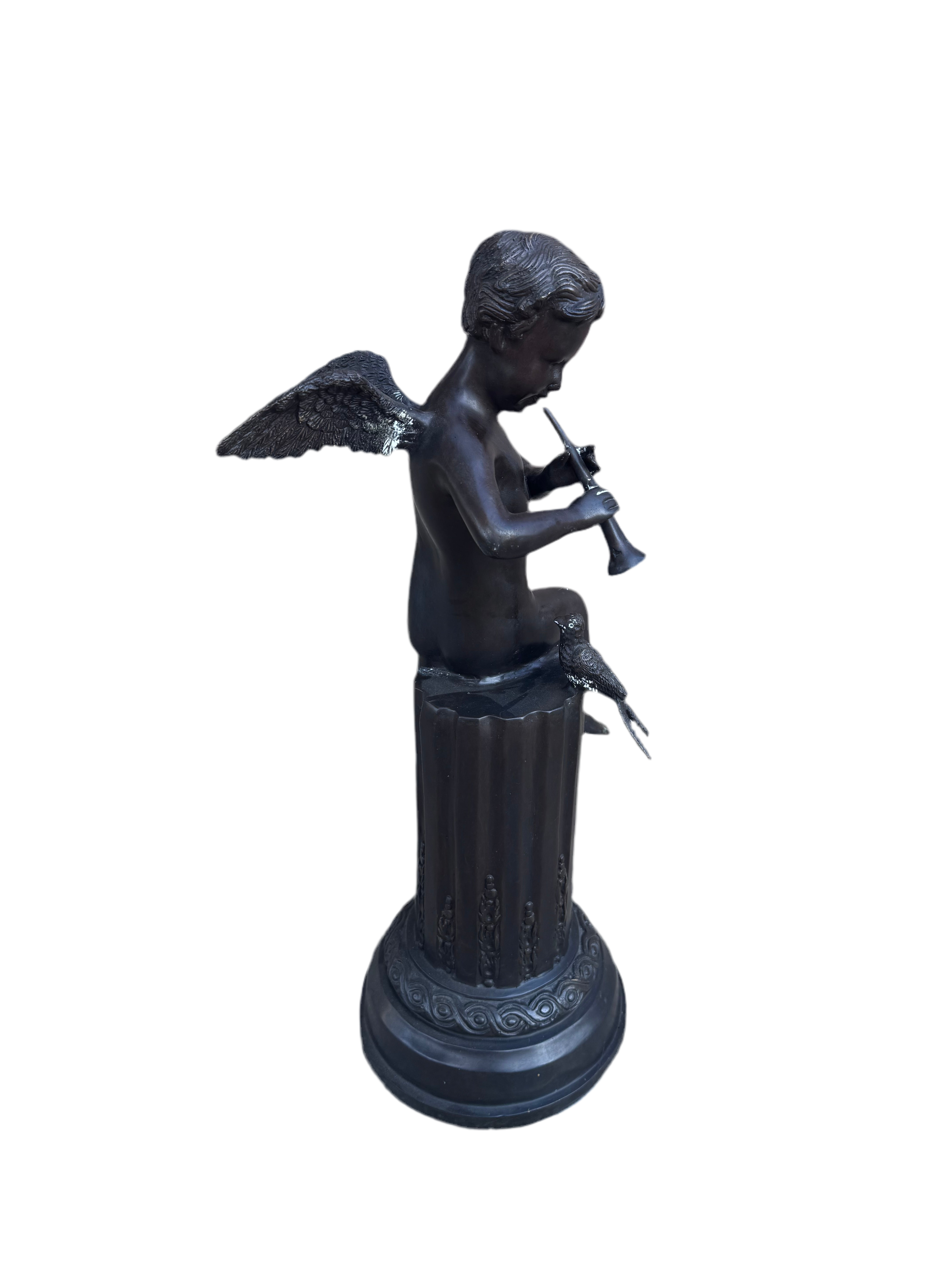 Antique Bronze Cherub on Pedestal Playing The Flute Sculpture Attributed to French Artist Auguste Moreau