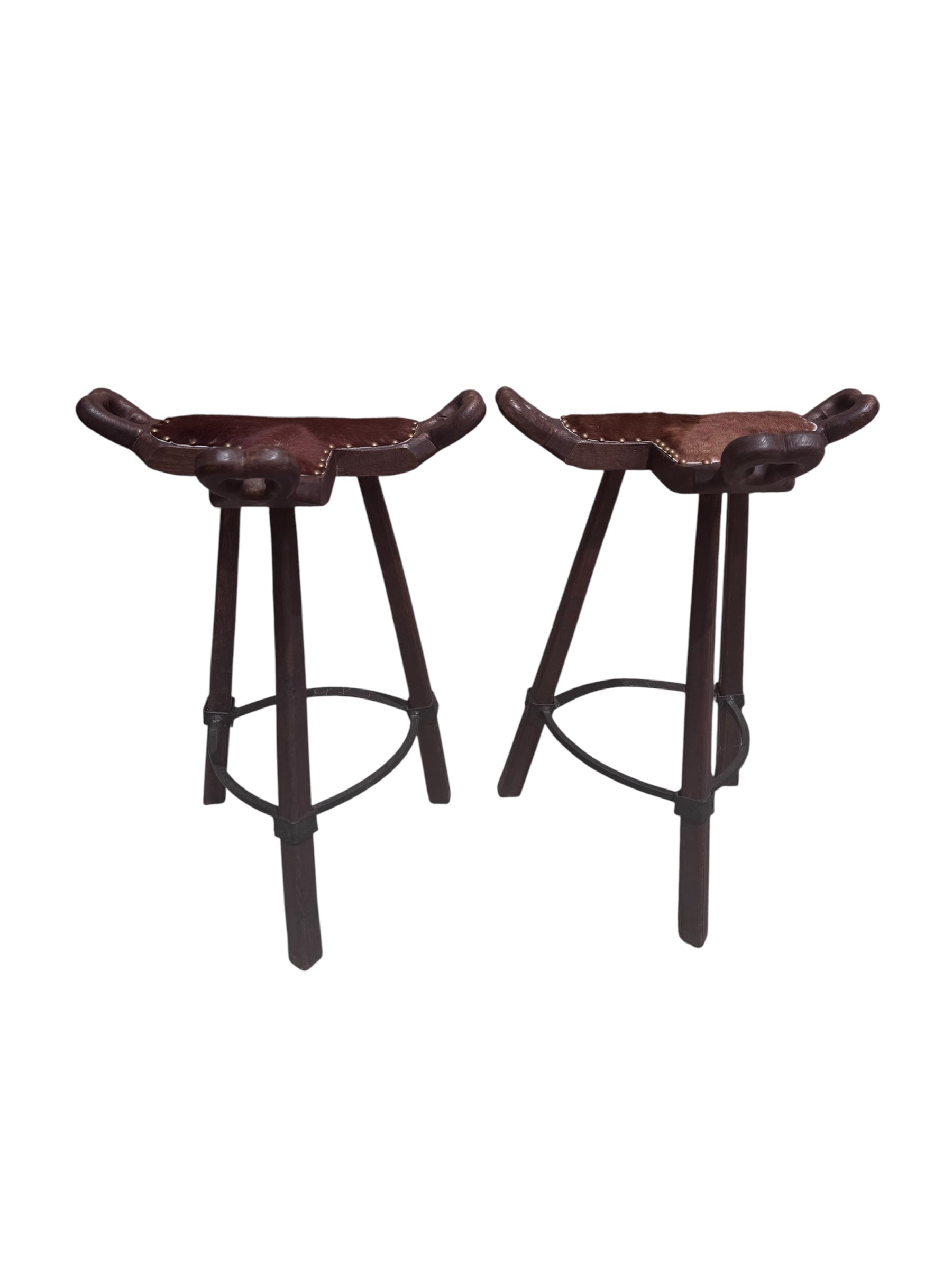 Primitive Asian Birthing Chair Inspired Bar Stools Newly Reupholstered in Cowhide - Pair