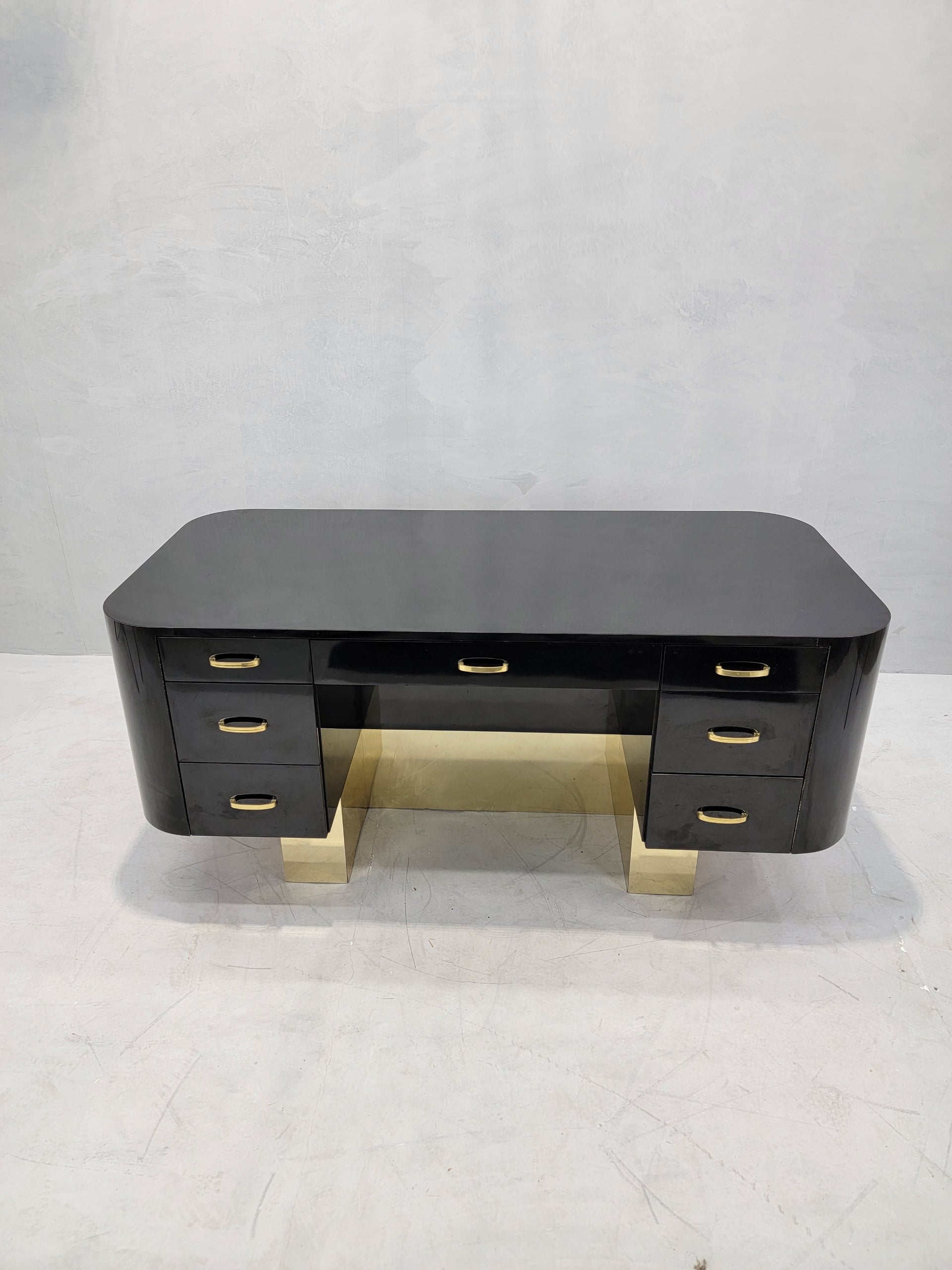 New - Vintage Postmodern French Art Deco Styled Black Lacquer and Brass Curved  Executive Desk