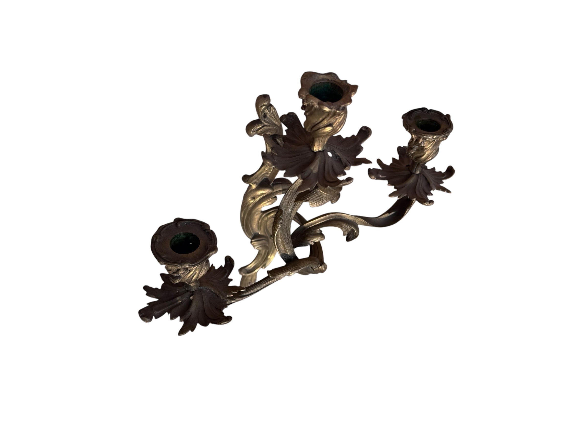 Antique French Louis XV Style Three Light Bronze Wall Candle Sconces - Pair