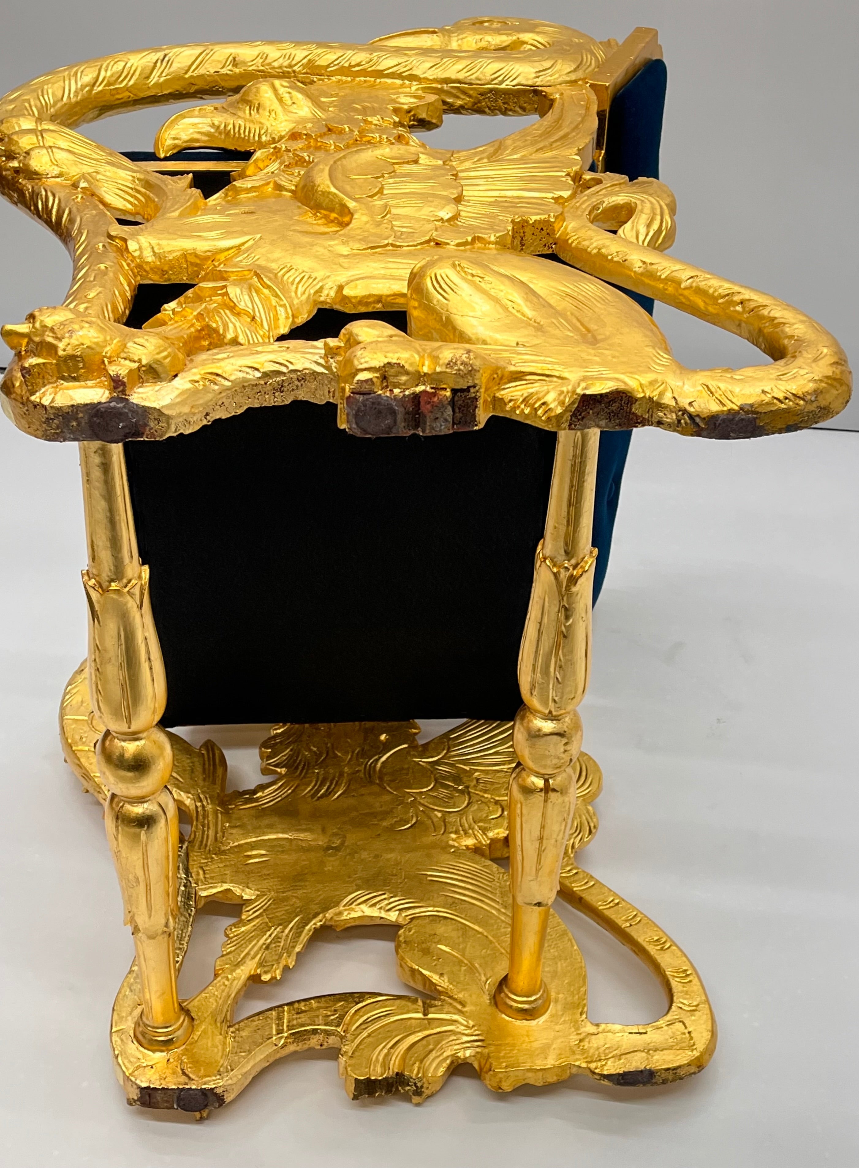 Antique Federal Style Carved Gold Gilt Swan and Eagle Carousel Bench Newly Reupholstered in Blue Mohair Seat