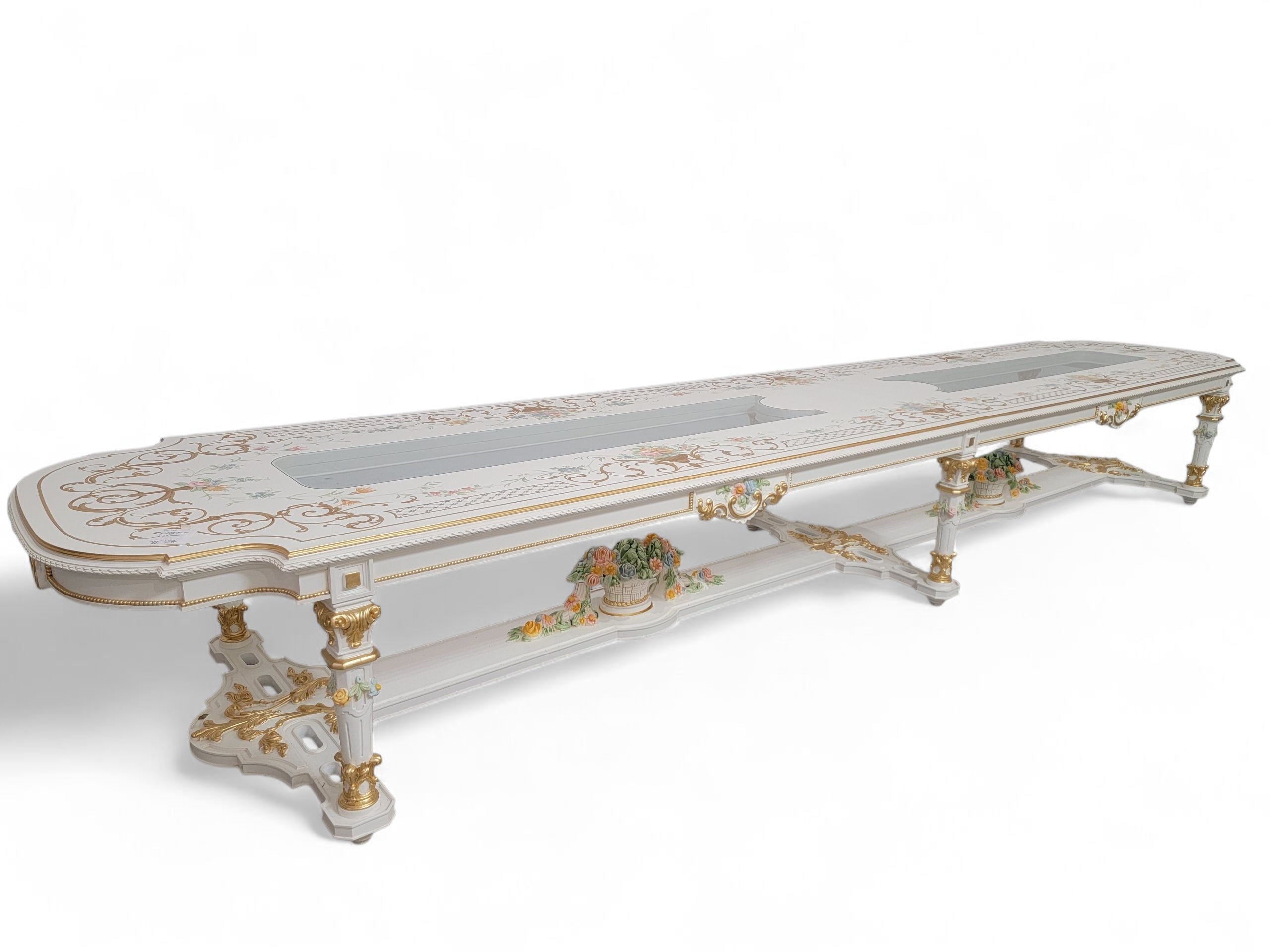 Vintage Monumental 20 Seat Venetian Rococo Gilded Hand Painted Capodimonte Style Dining Set