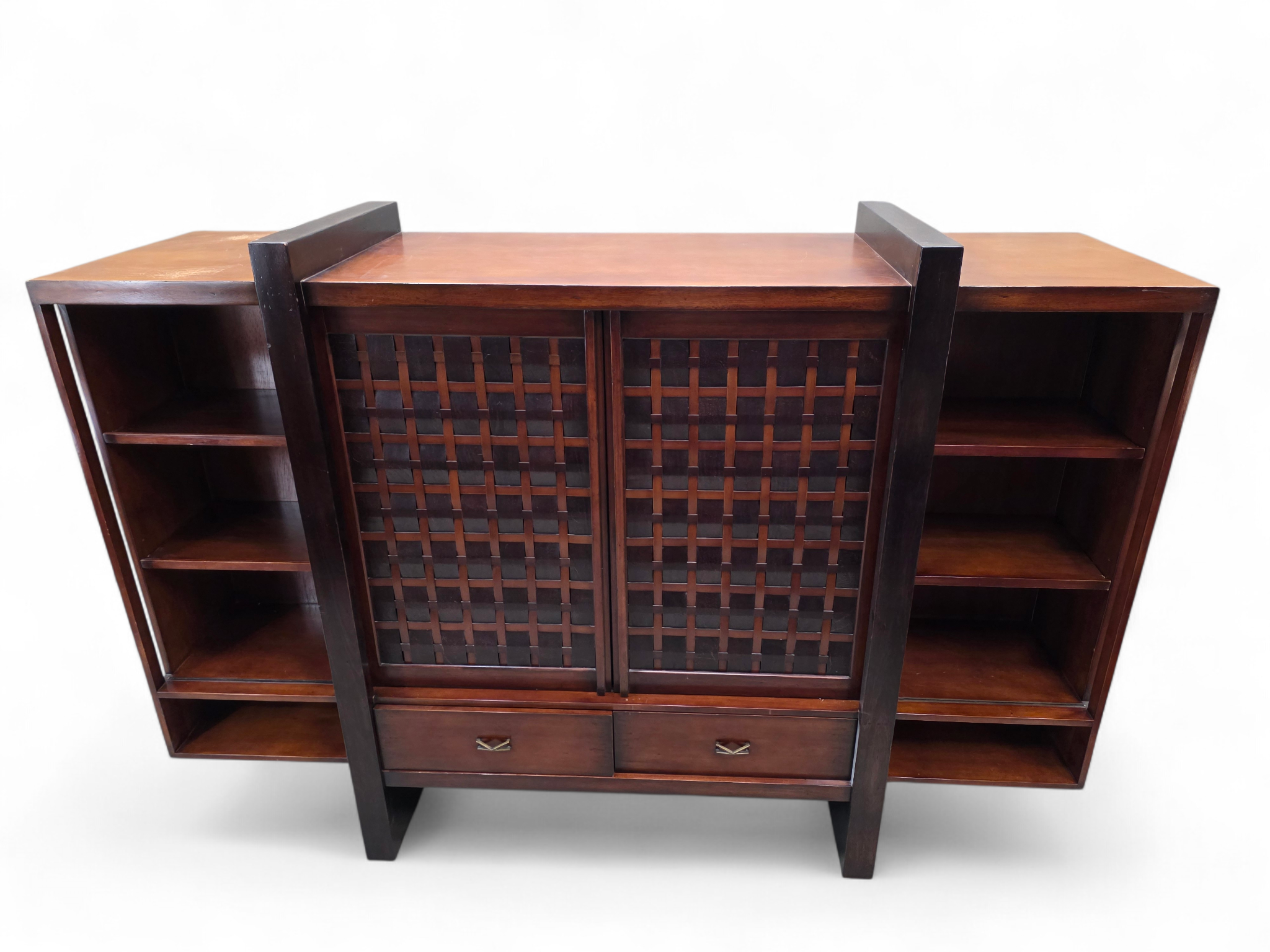 Vintage Modern Mahogany Media Console with Sliding Woven Doors by South Cone