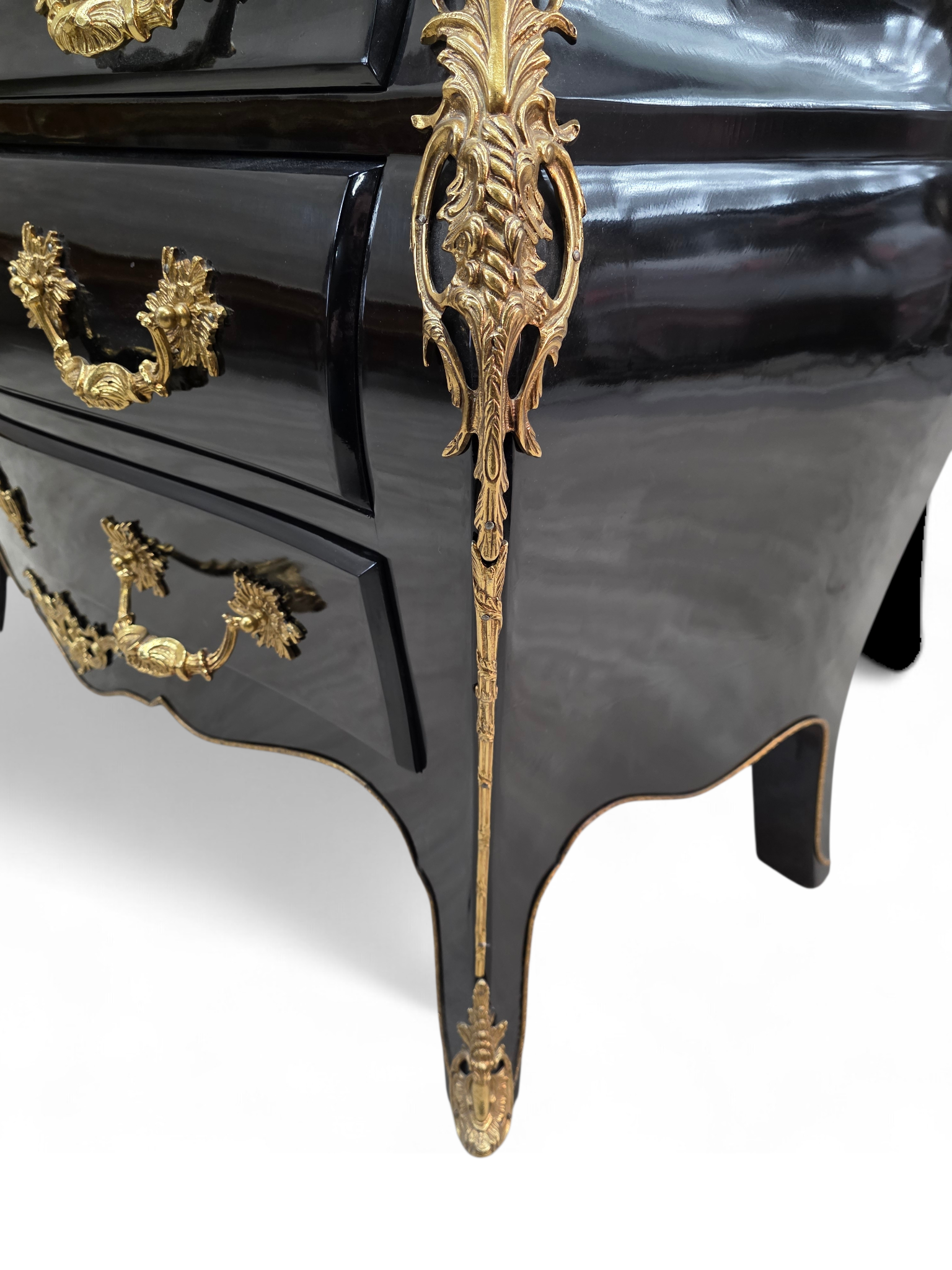 Vintage French Louis XV Style Black Lacquer Bombe Commode