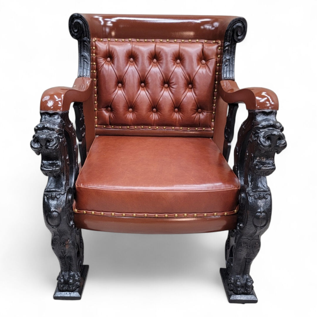 Antique R.J. Horner Style Carved Winged Griffin Tufted Parlor Set Newly Restored & Reupholstered in Leather - 3 Piece Set