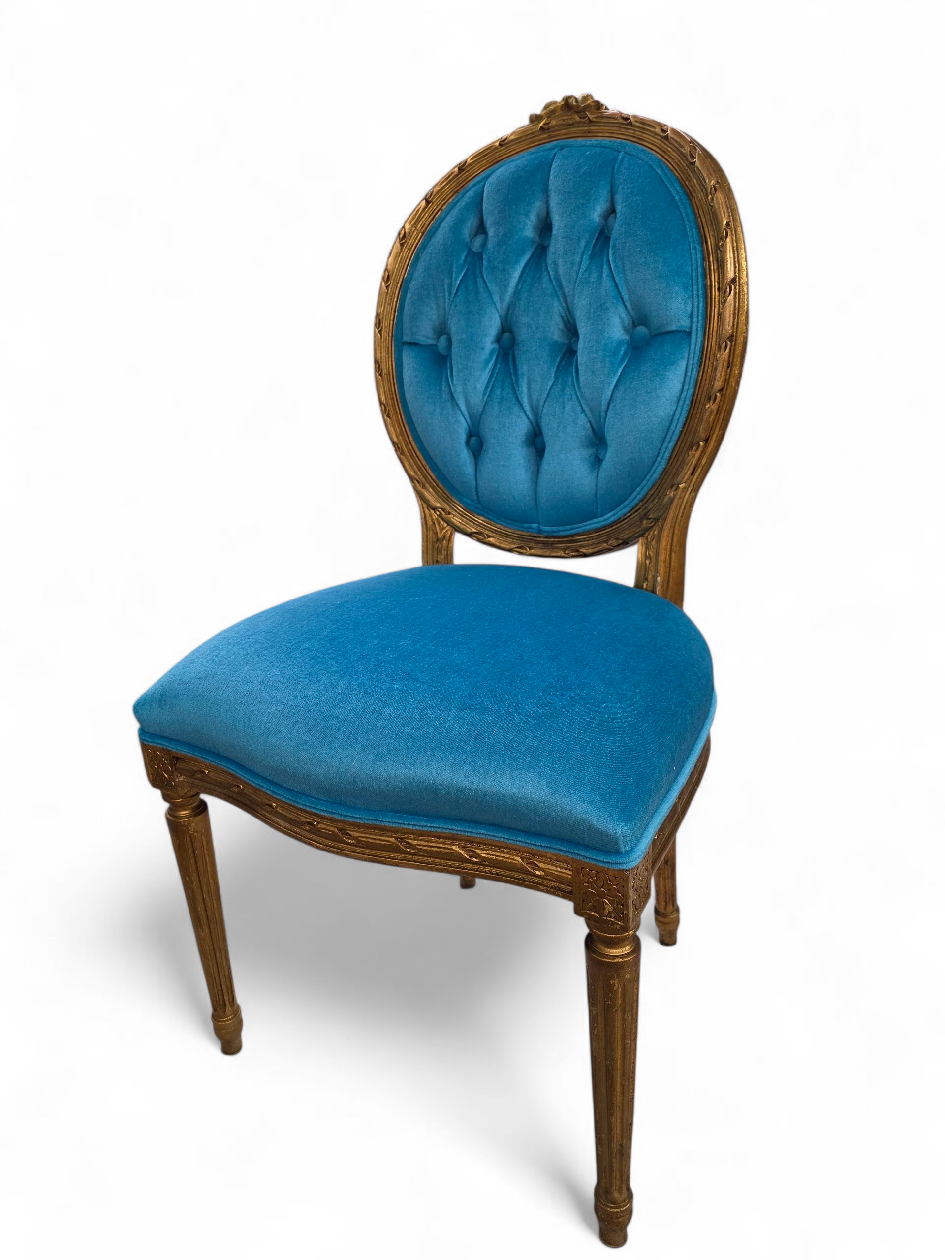 Antique French Louis XVI Style Carved & Gilded Tufted Medallion Back Dining Chairs Newly Reupholstered in a Italian Royal-Teal Mohair - Set of 4&nbsp;