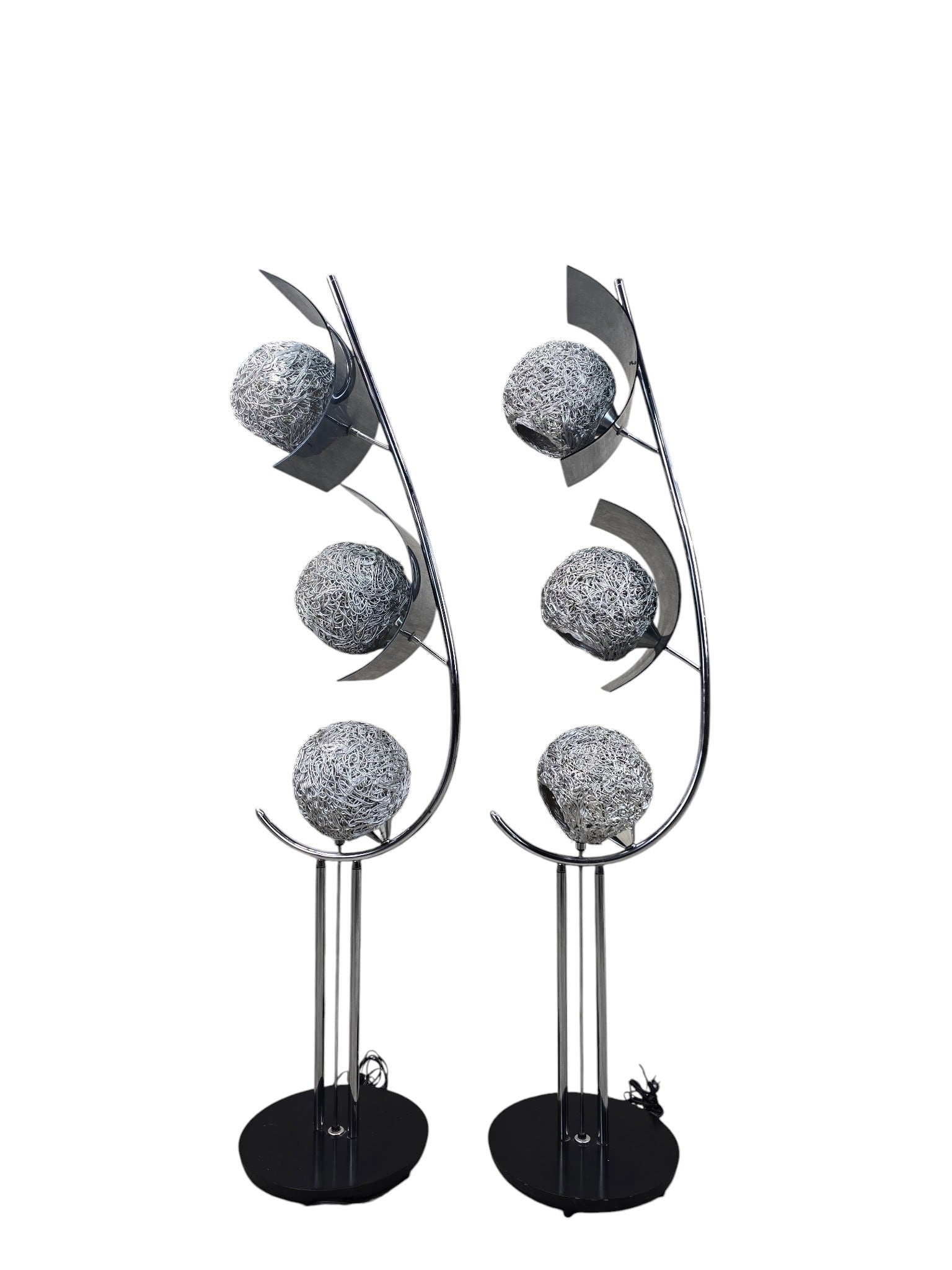 MCM Chrome Triple Light Lamps with Metal Spaghetti Shades – Pair