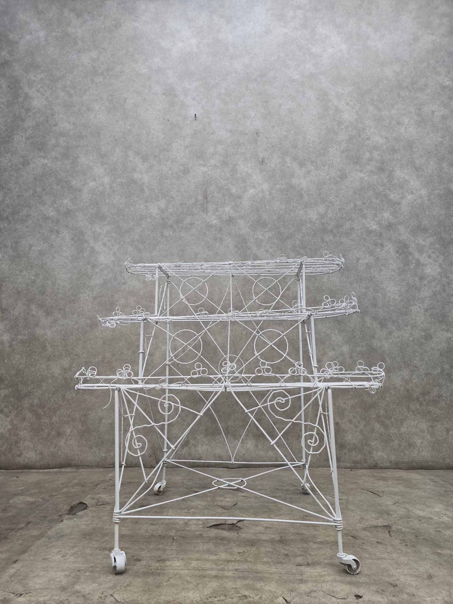 Vintage White Wire 3-Tier Rolling Plant Stand on Casters