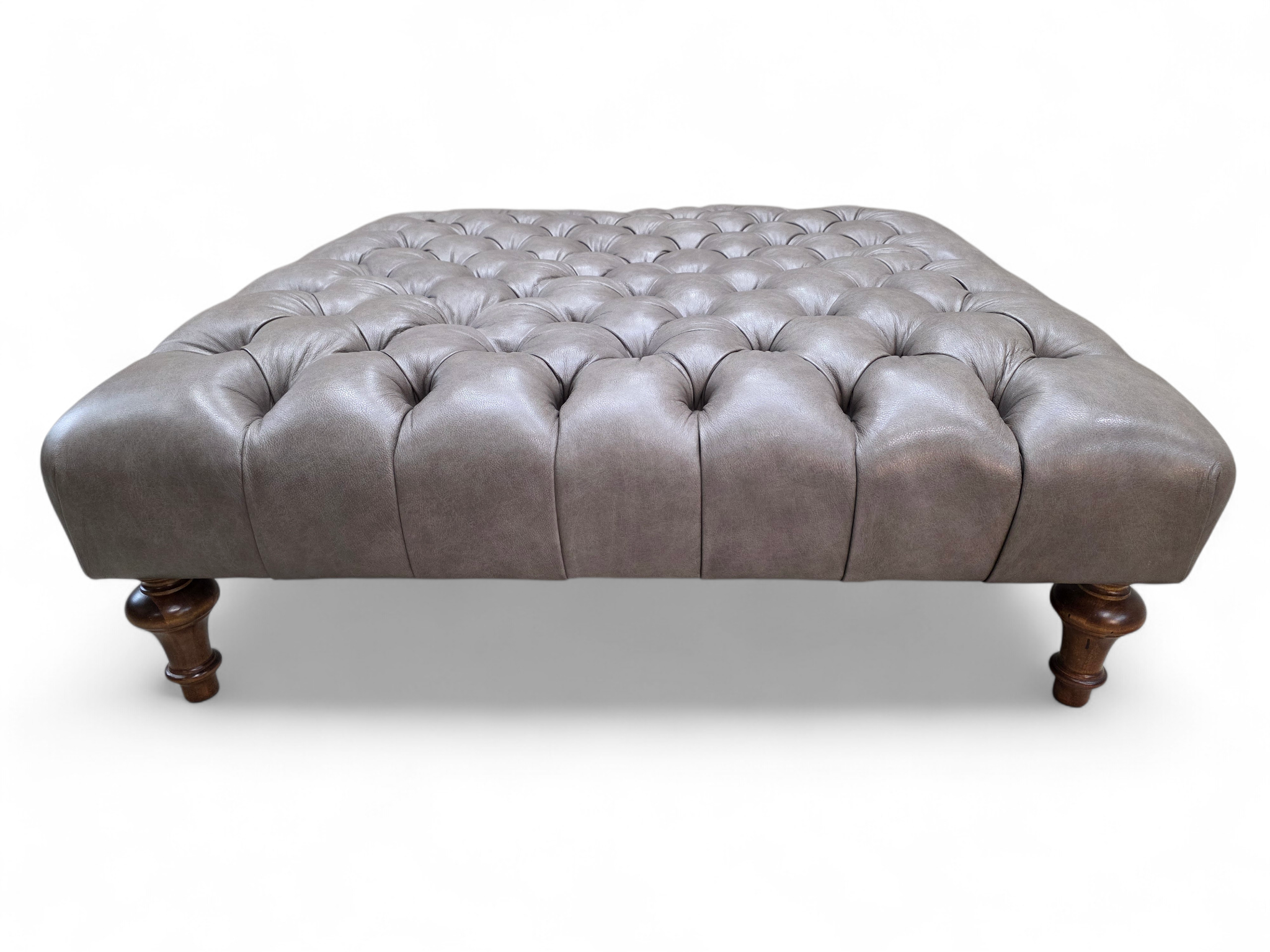 Vintage Chesterfield Style Tufted Gray Leather Ottoman