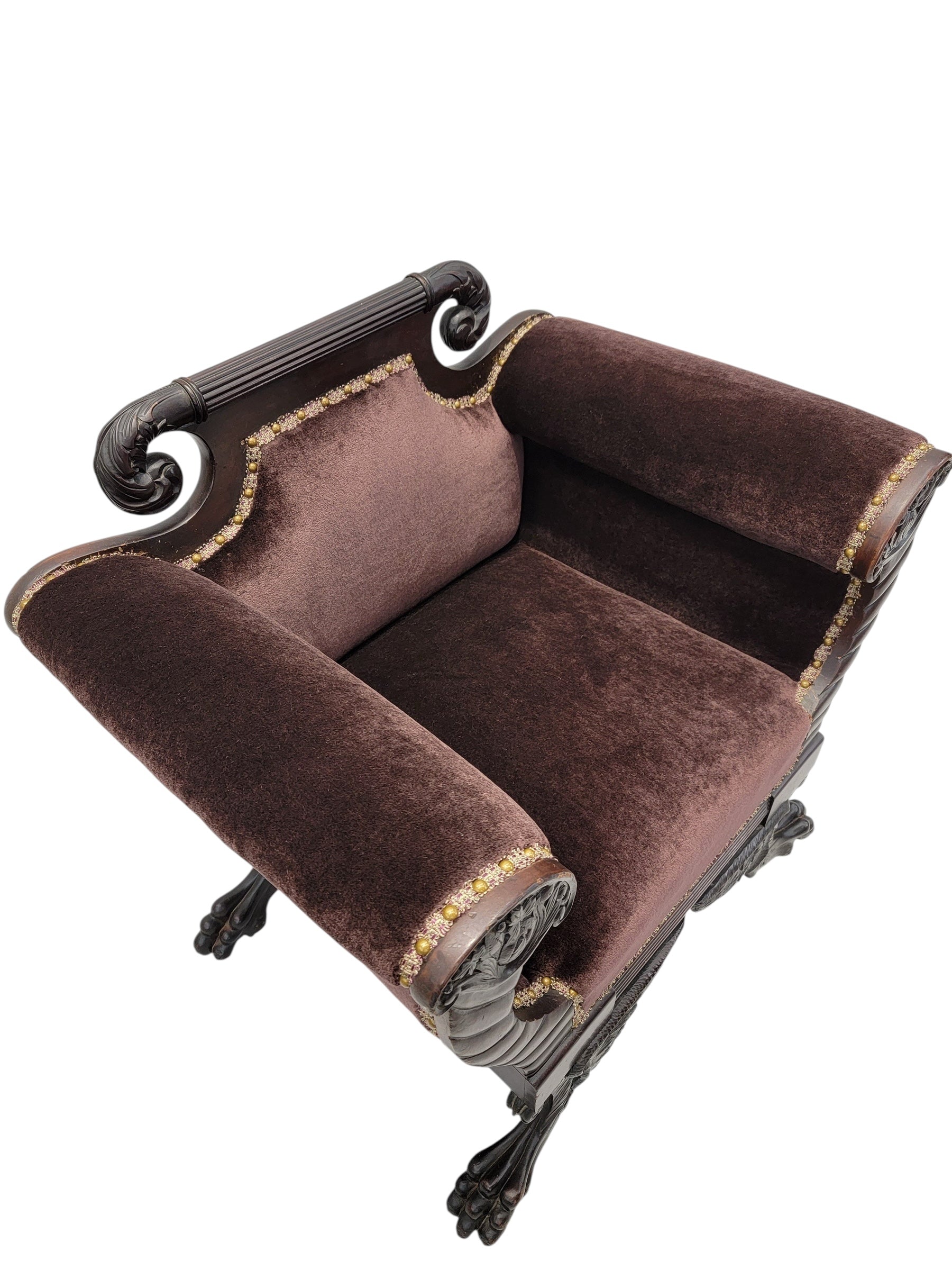 American Empire Mahogany Armchair Newly Reupholstered in Mohair