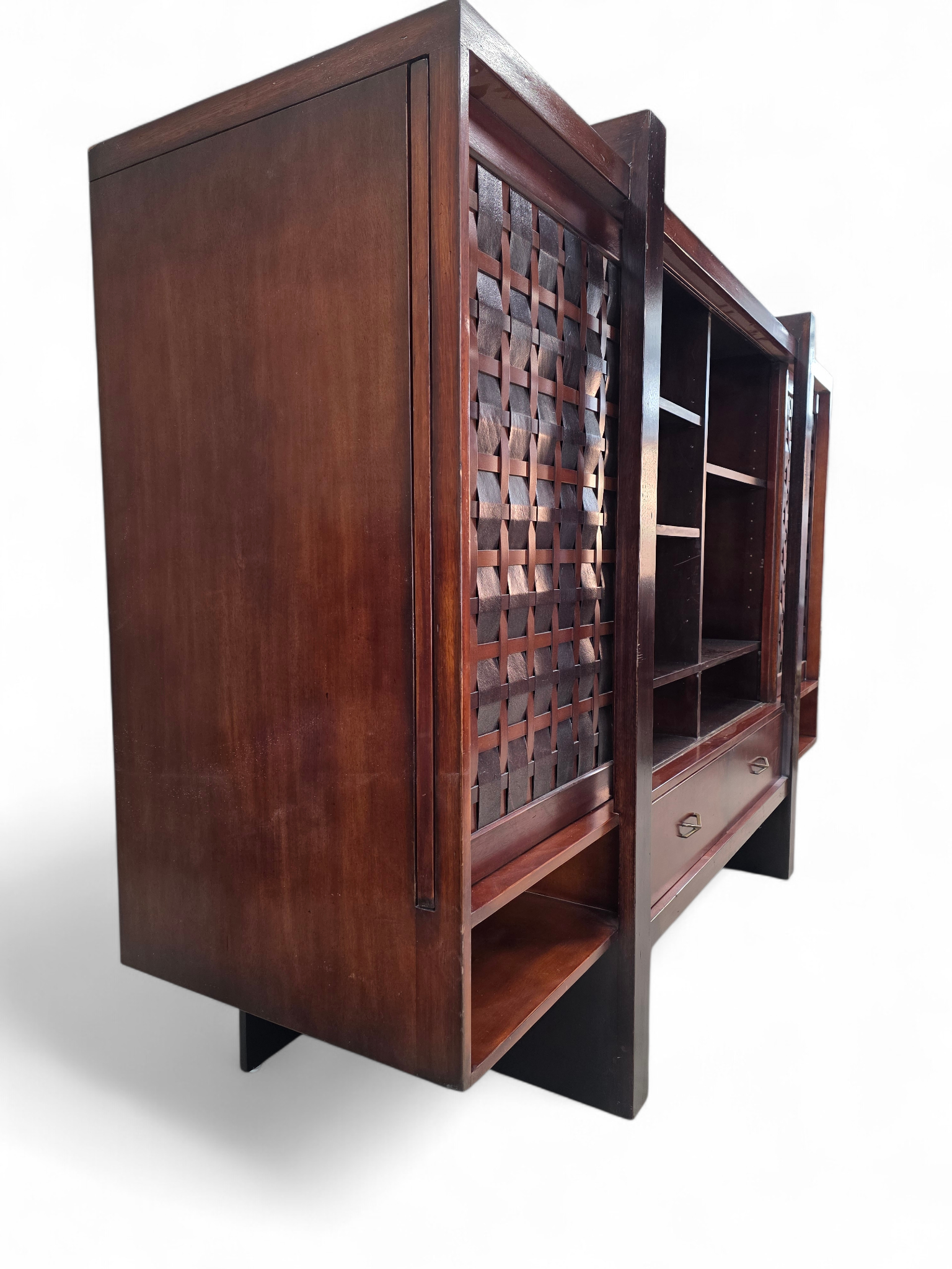Vintage Modern Mahogany Media Console with Sliding Woven Doors by South Cone
