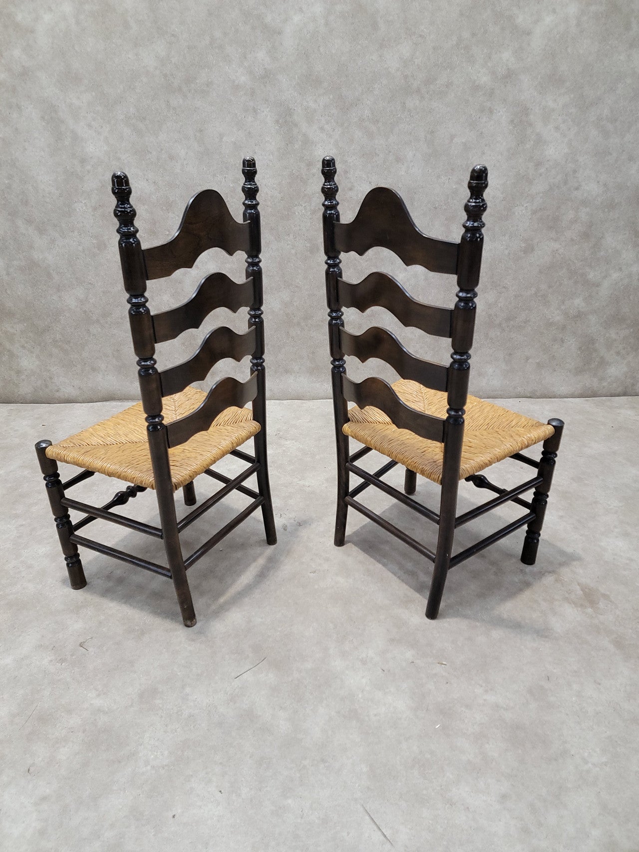 Vintage French Country Style Ladder Back Rush Seat Side Chairs - Pair