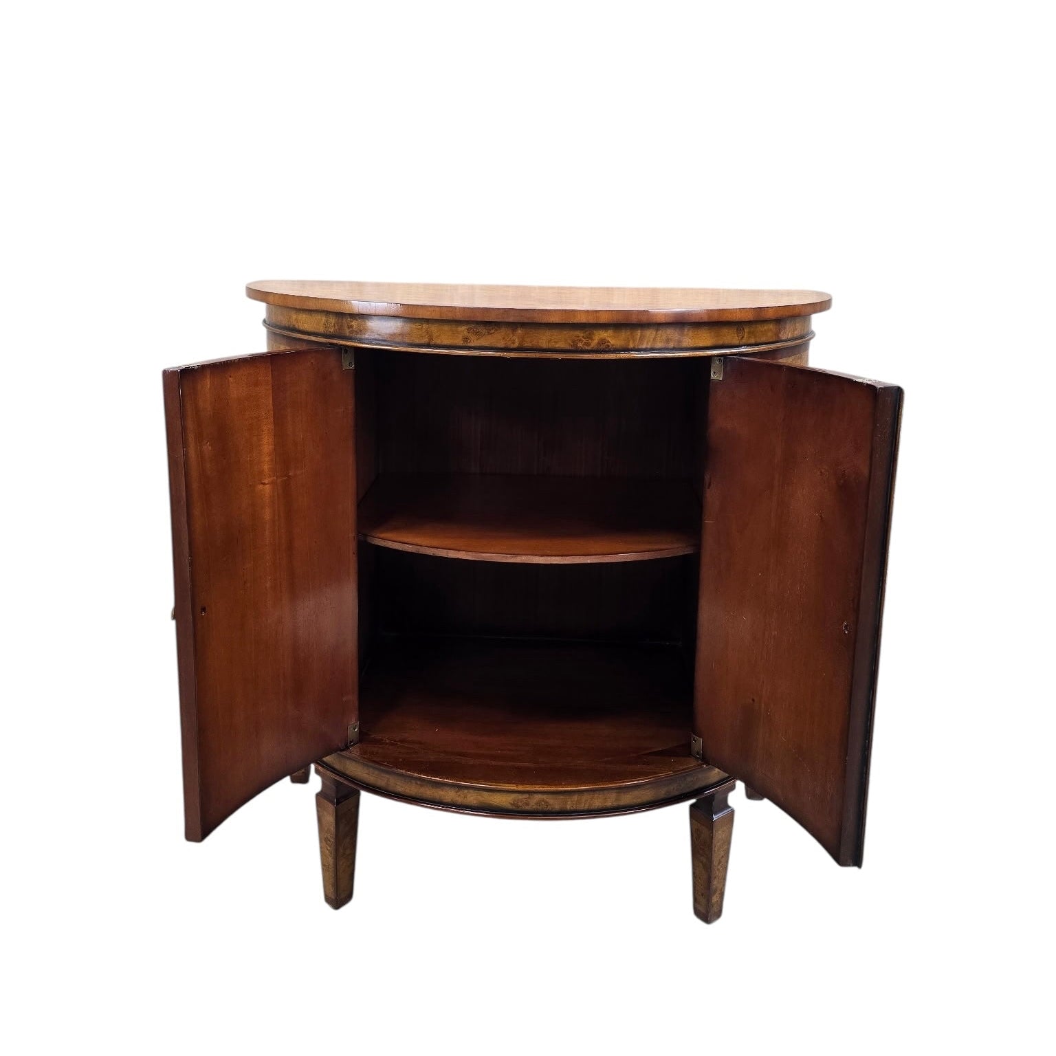 Vintage Neoclassical Regency Style Walnut Burl Demilune Cabinet