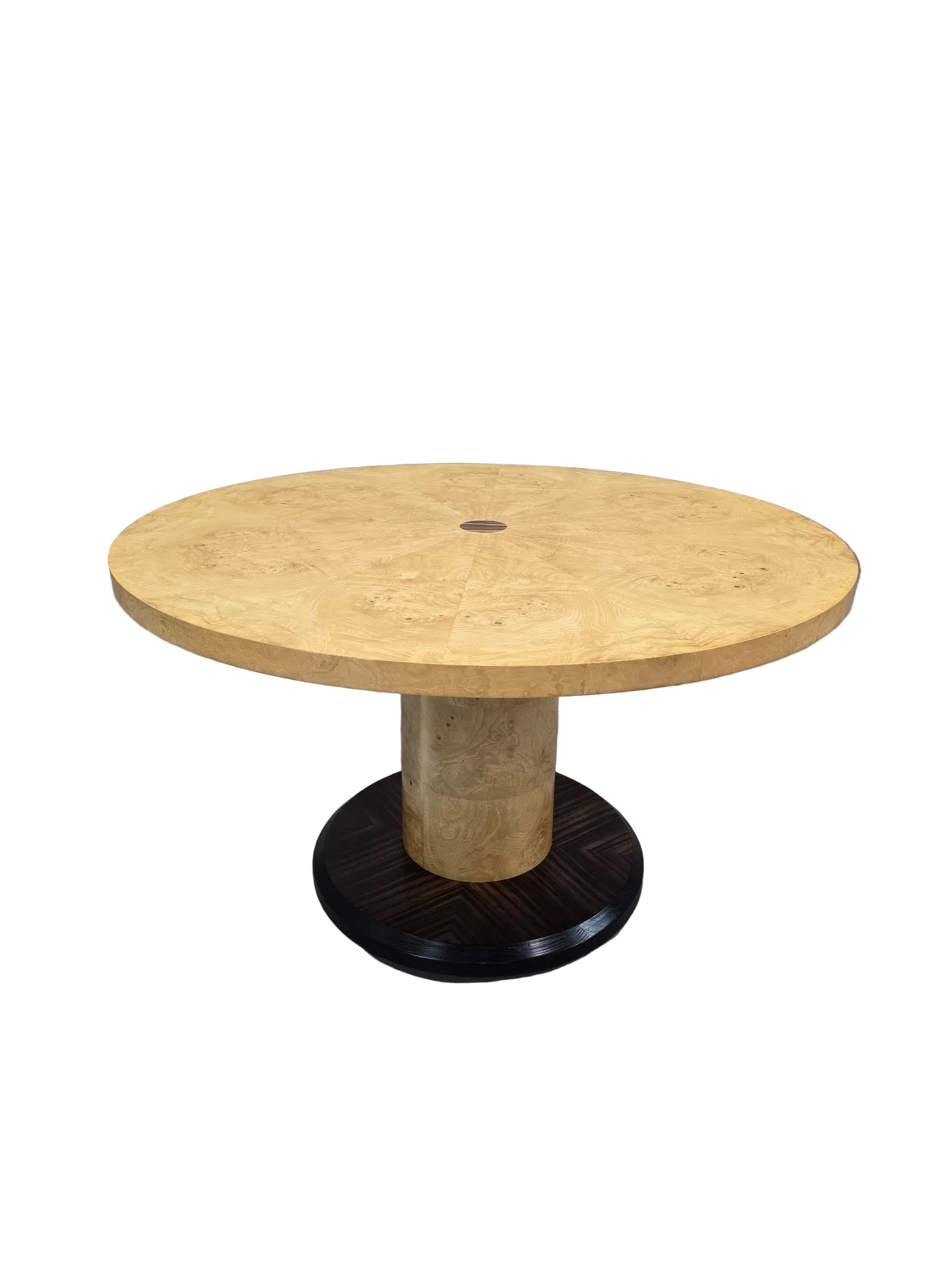 MCM Burl Pedestal Table with Macassar Ebony Base By Henredon