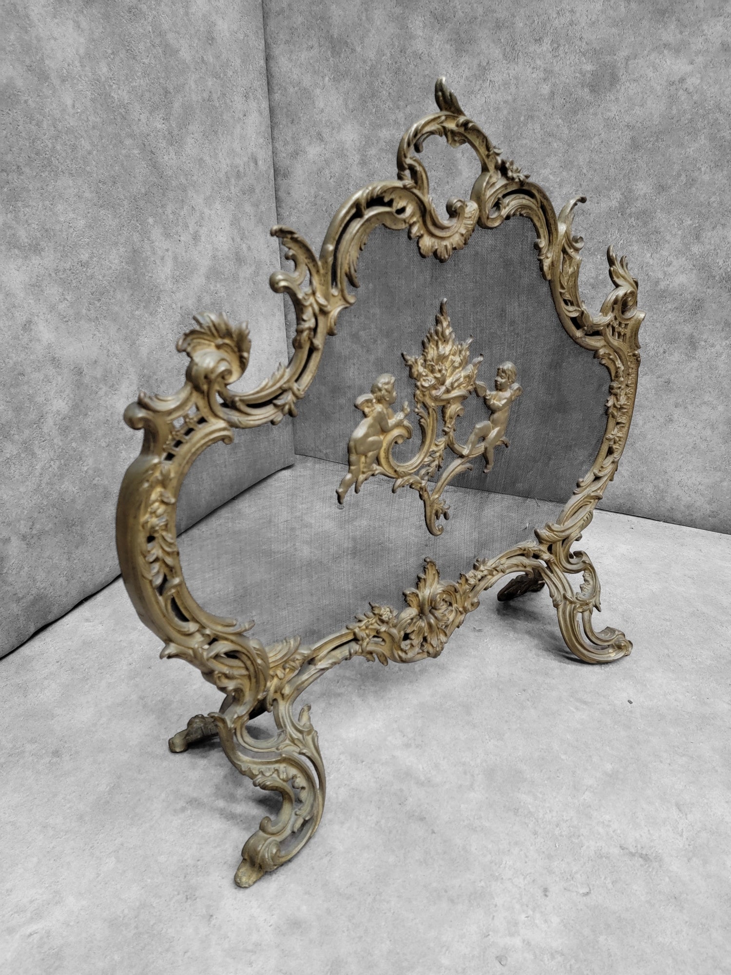 Antique Louis Style French Brass Cherub and Floral Free Standing Fire Screen